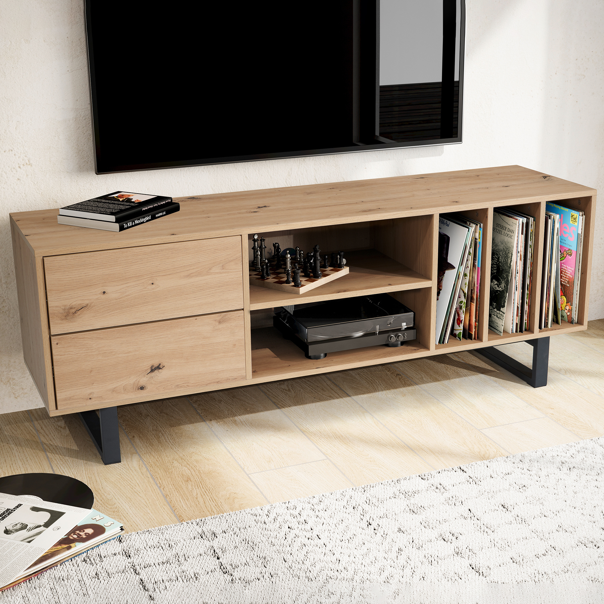 Image of Lowboard Oak Finish 150x55x40 Cm Modern Tv Cabinet, Tall Design Tv Stand, Tv Table With Drawers & Shelf, Living Room Tv Sideboard