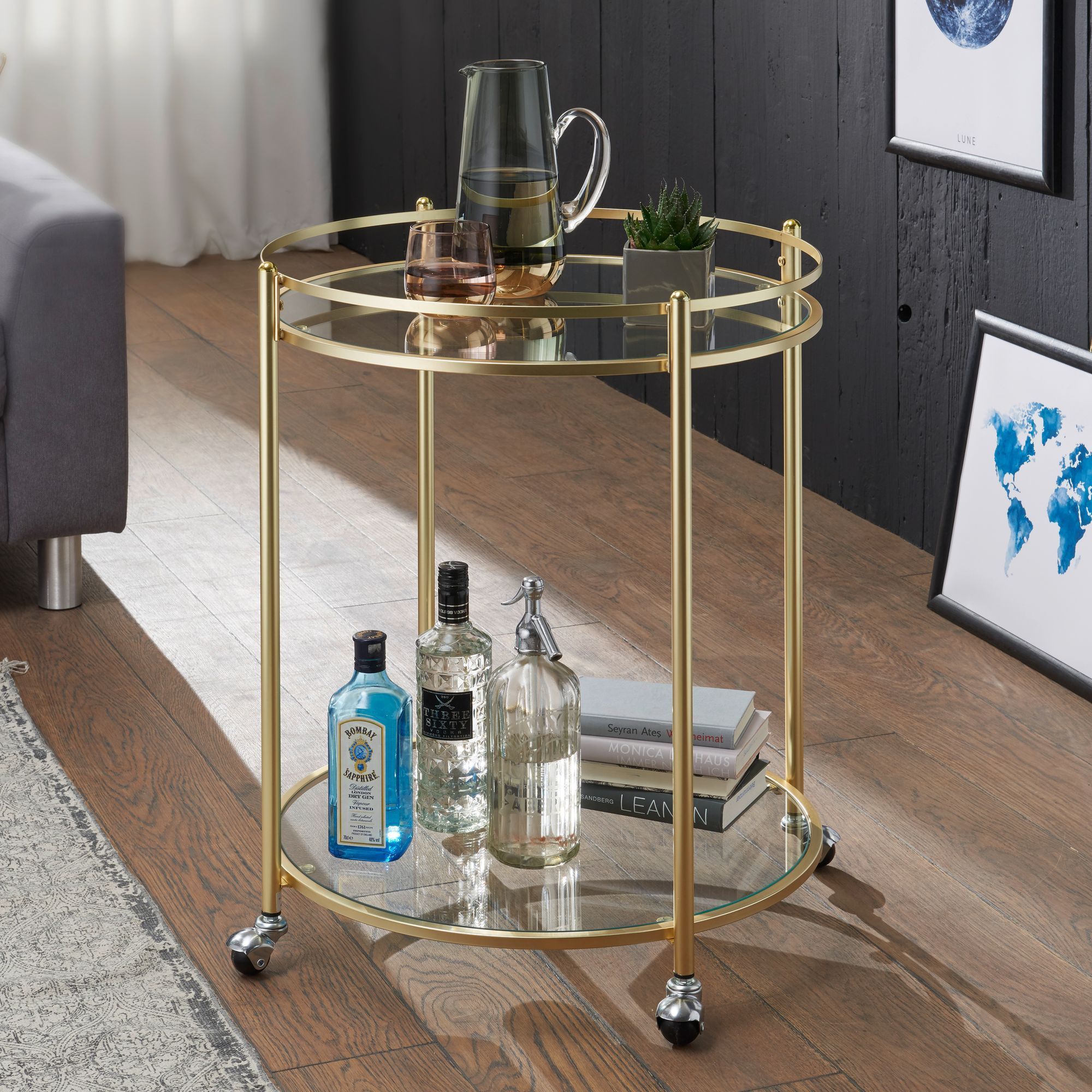 Image of Gold Serving Trolley With A Diameter Of 57 Cm, Metal Tea Trolley With Wheels, Kitchen Trolley With Glass Shelves, Round Bar Cart 75 Cm High, Modern Kitchen Trolley, Rolling Cart