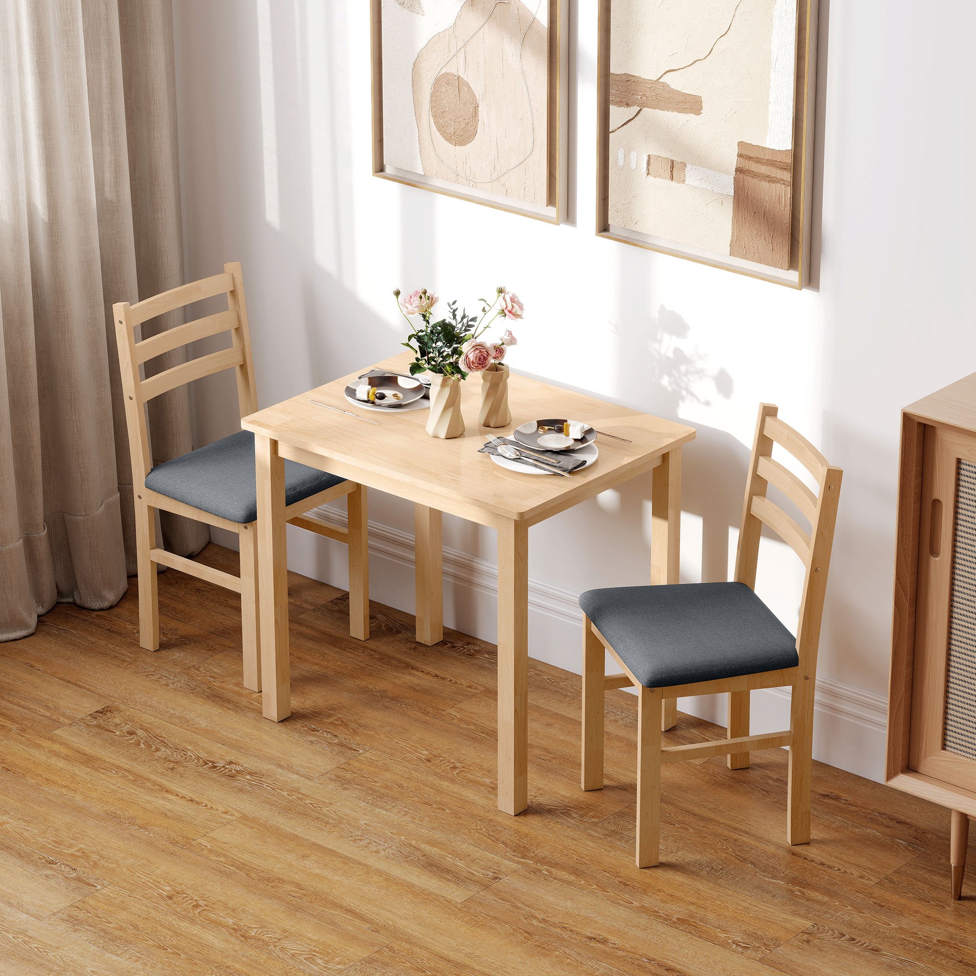 Space- Dining Set With 2 Chairs, Rectangular Kitchen Table With Upholstered Dining Chairs For Small Spaces, Dining Room, Kitchen, Natural Wood