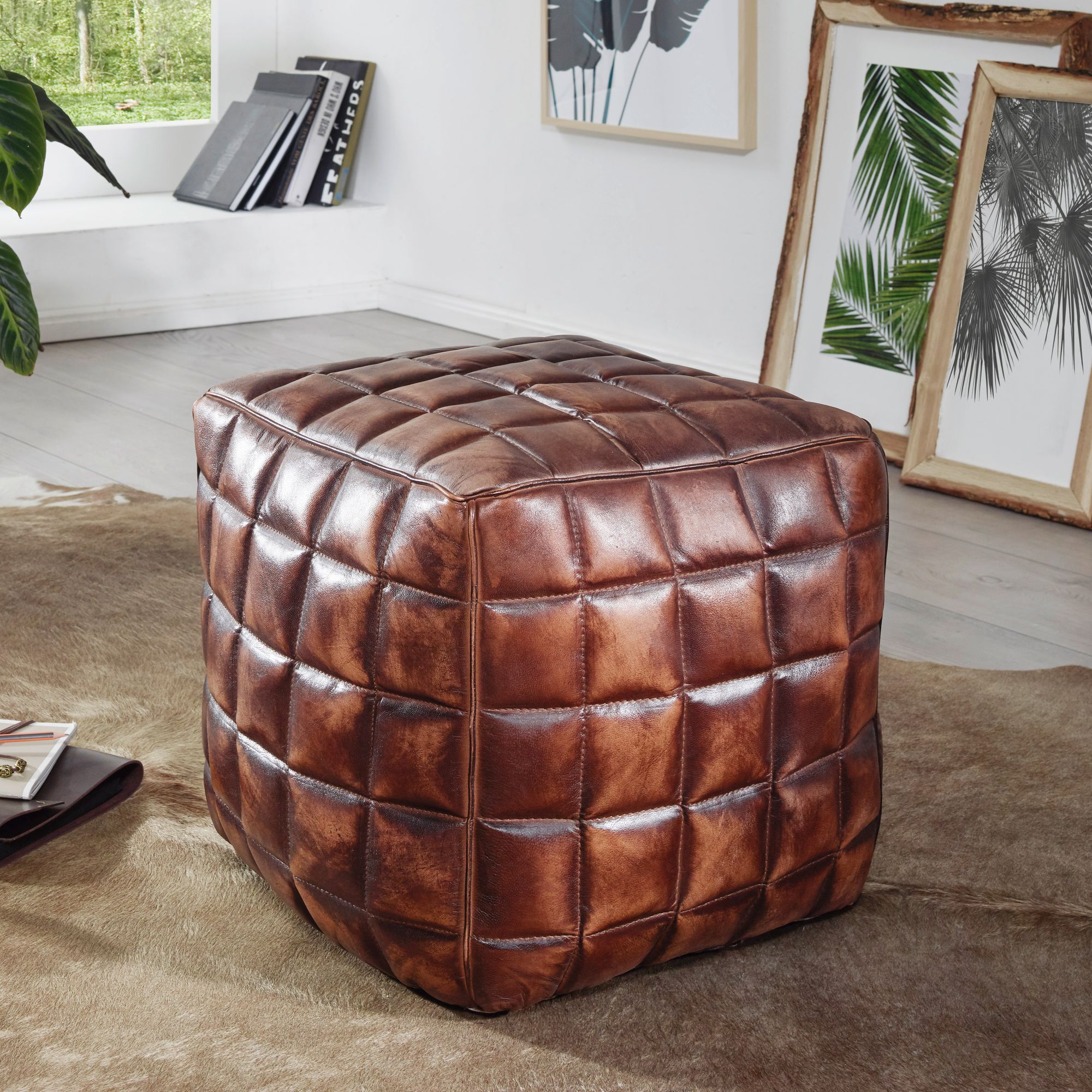 Image of Genuine Leather Brown Seat Cube Ottoman 39 X 41 X 39 Cm, Oriental Design Pouf Stool, Elegant Upholstered Seat Stool, Oriental Sofa Footrest, Square Cube Upholstered Stool