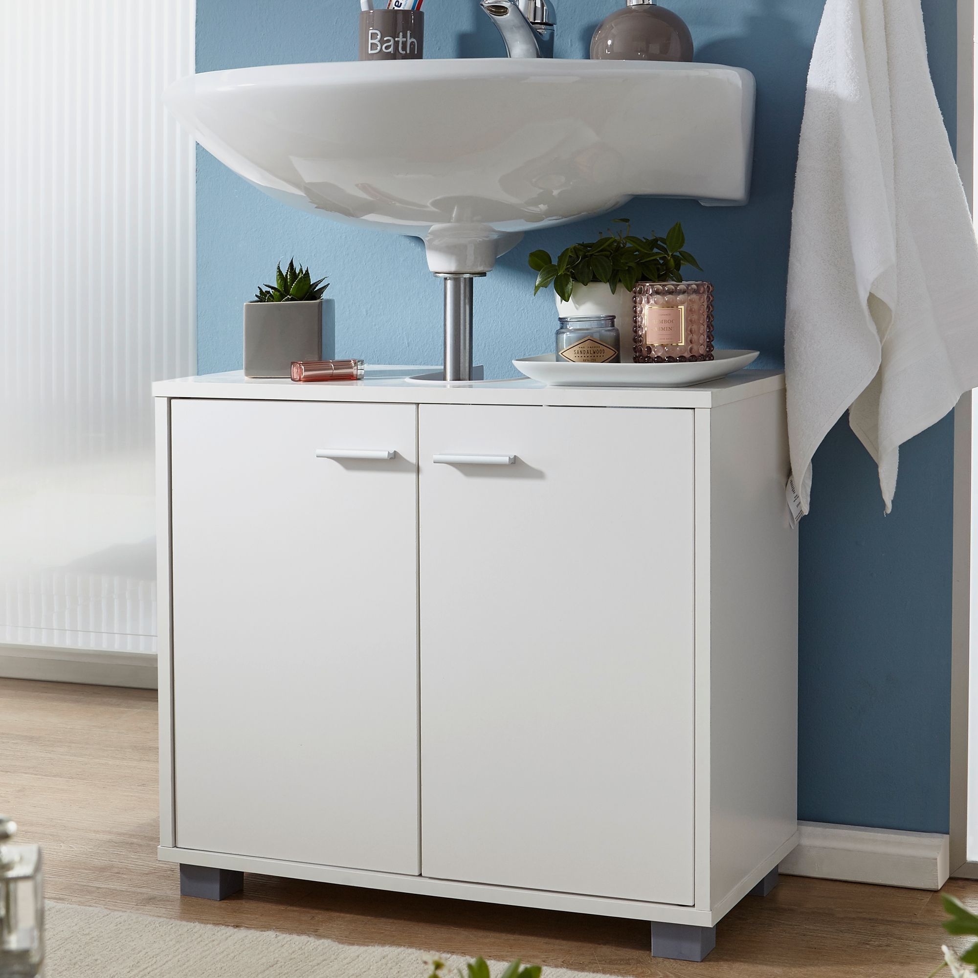 Image of White 2-door Under-sink Cabinet, Small Bathroom Cabinet 60x30x55 Cm, Freestanding Bathroom Vanity Cabinet, Bathroom Storage, Washbasin Cabinet