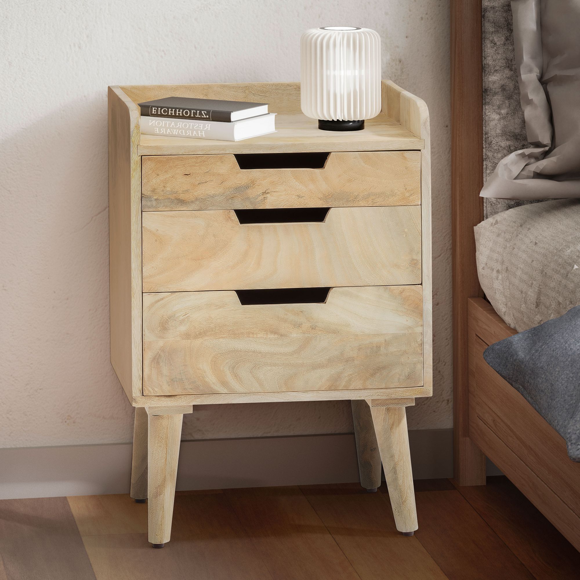 Mango Solid Wood Nightstand, Light Brown, 45x33x63 Cm, Bedside Cabinet For Box Spring Bed, Design Night Console With 3 Drawers & Shelf, Storage Nightstand