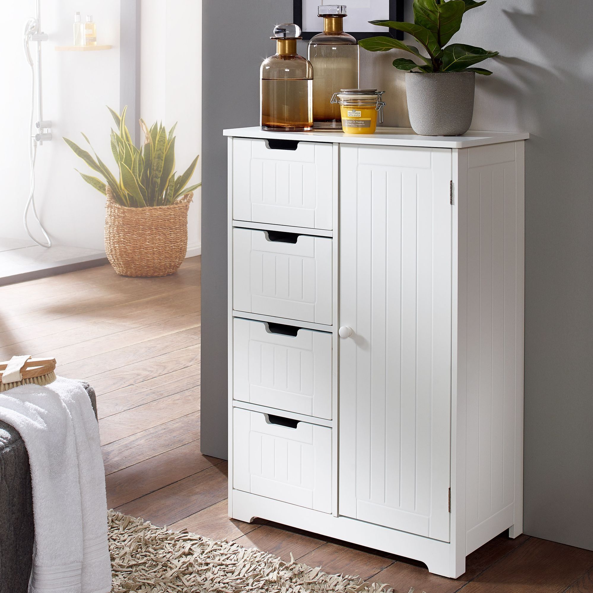 Image of Design Bathroom Cabinet In Country Style, Mdf Wood, 56 X 83 X 30 Cm, White, Small Bathroom Cabinet With 4 Drawers & 1 Door, Side Cabinet, Cabinet
