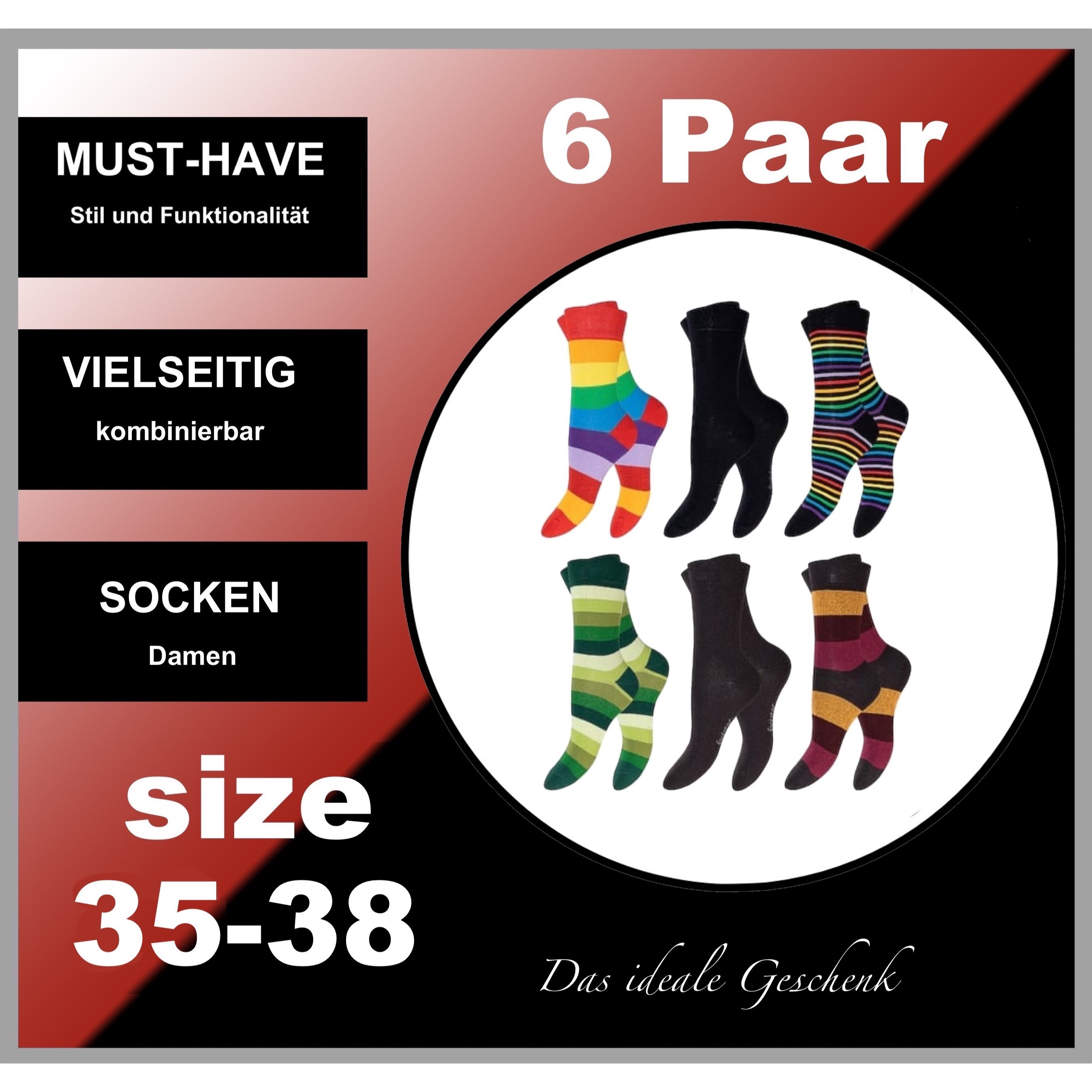 Image of 6 Pairs Women's Socks, Size 35/38, Striped Colors, Cotton Blend, Breathable, Elastic, Quick-drying, Durable & , Soft, Wear-resistant Everyday Socks