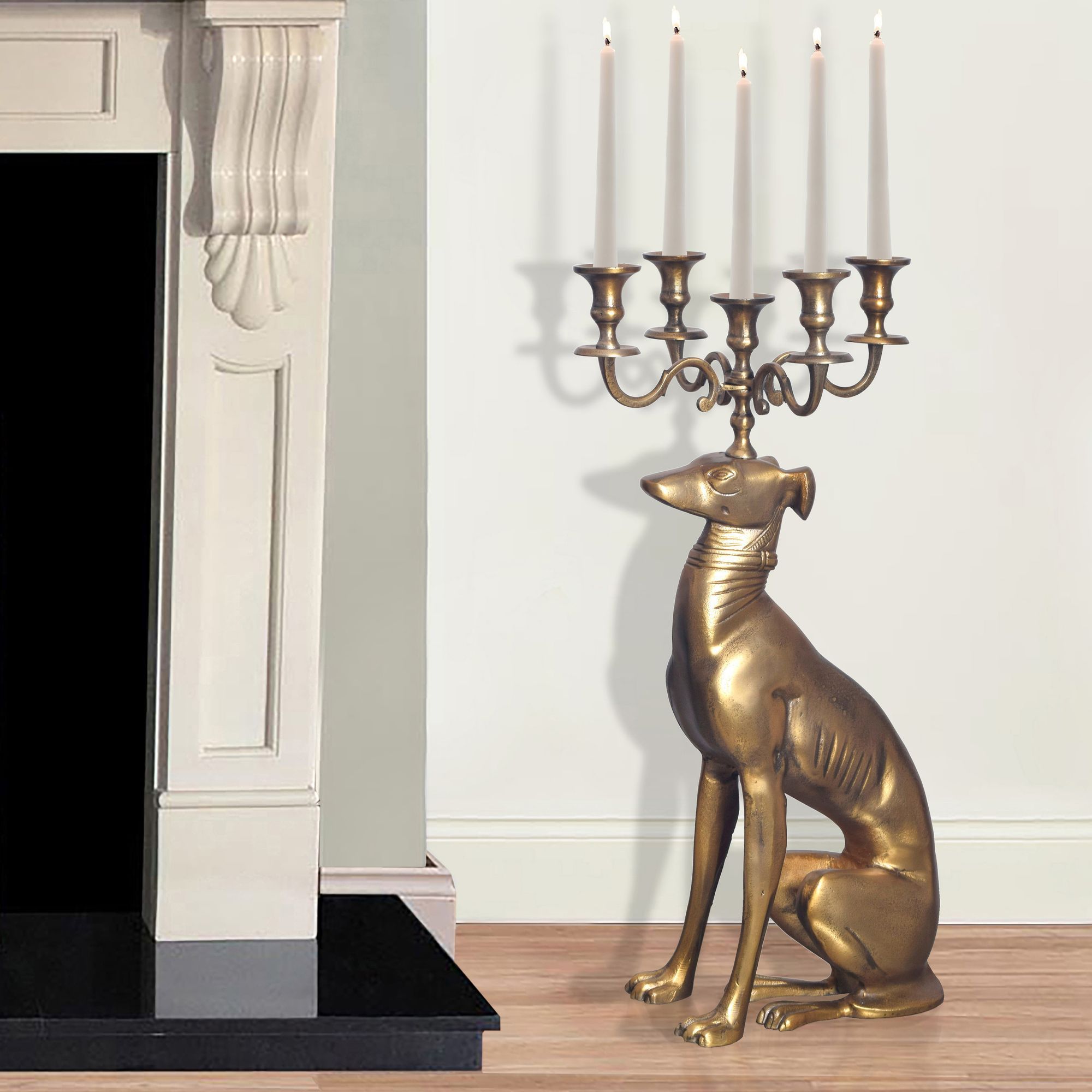 Image of Aluminum Gold 69 Cm 5-arm Candle Holder, Metal Candle Stand For 5 Candles, Modern Floor Candle Holder, Dog-themed Home Accessory