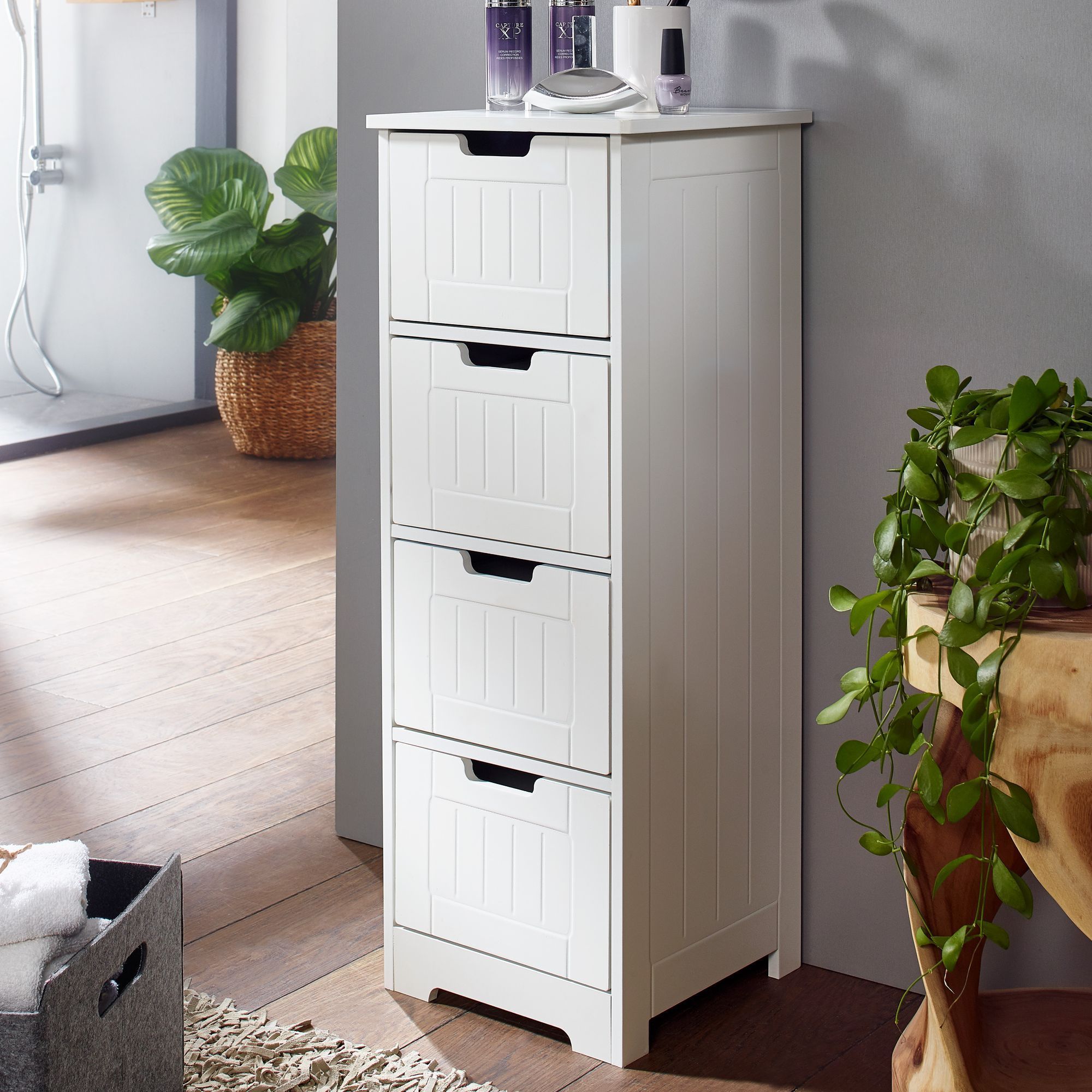 Image of Design Bathroom Cabinet In Country Stylewood 30 X 83 X 30 Cm White, Small Bathroom Cabinet With 4 Drawers, Storage Cabinet