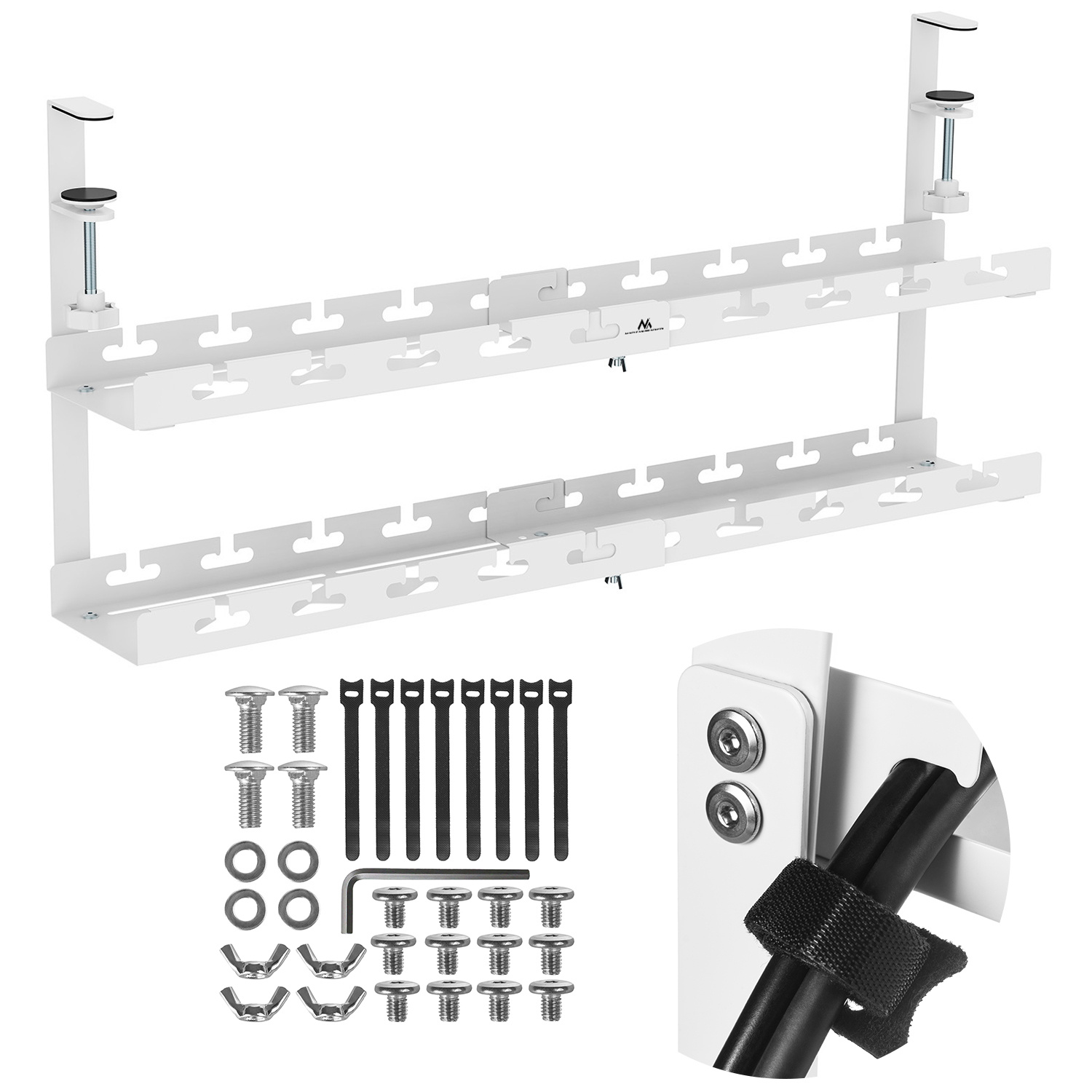 Universal Under-desk Cable Organizer Complete Set, White, Max. Load 5kg, Max. 728mm, 2 Levels, Maclean Mc-102 W