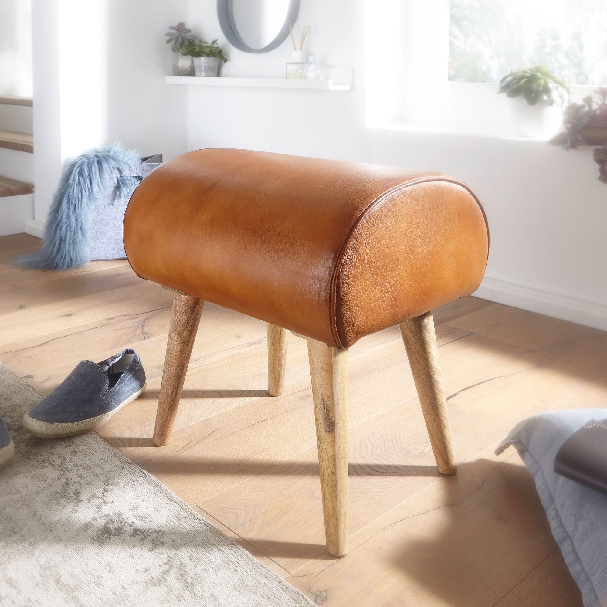 Leather Stool / Solid Wood 45 X 53 X 40 Cm Modern Leather Stool, Small Wooden Stool Upholstered, Swivel Stool With Leather Cover