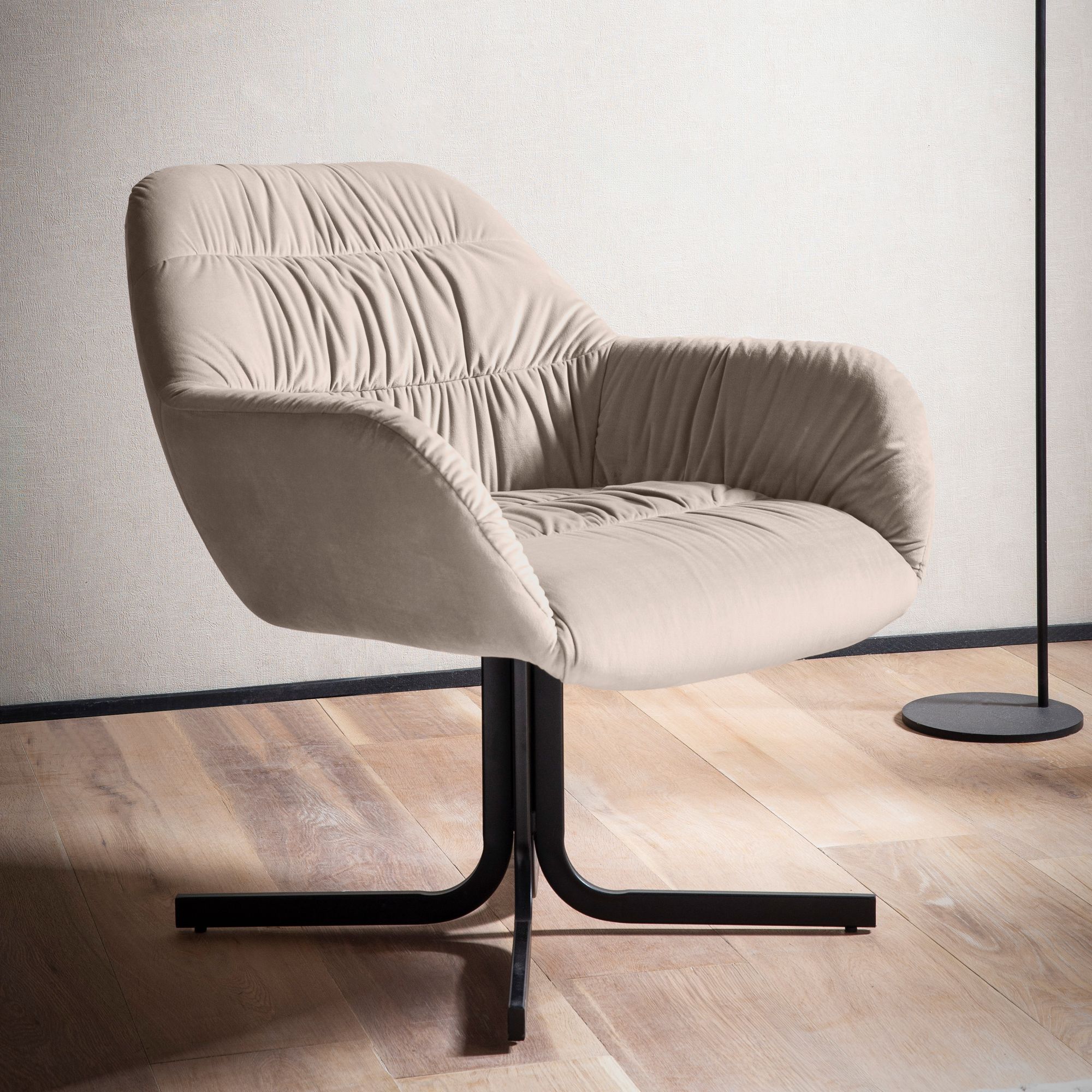 Image of Lounge Chair With Metal Legs, Padded Shell Chair With Backrest, Cocktail Lounge Chair With Armrests, Fabric Upholstered Armchair