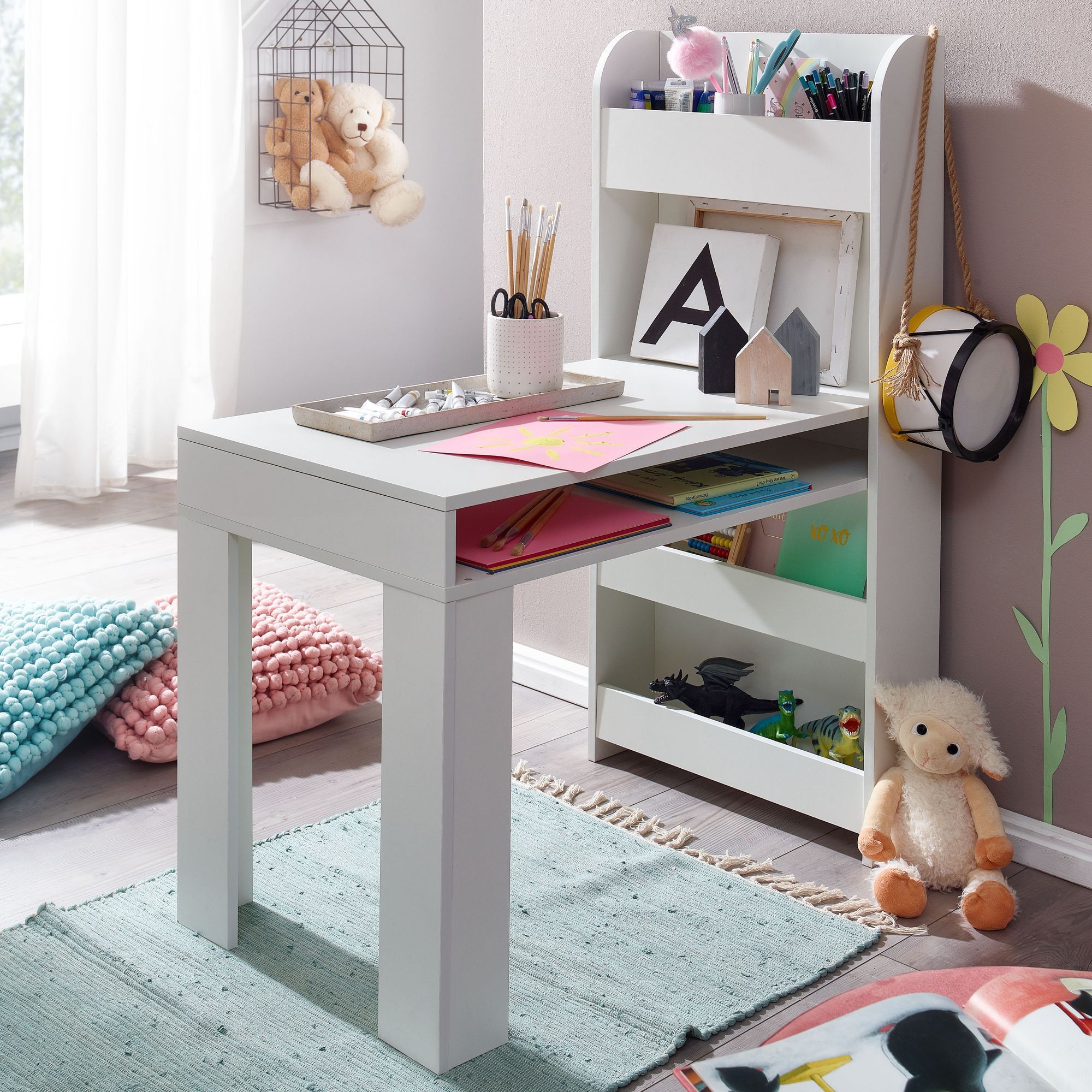 Image of Children's Desk White 90x50x110 Cm Painting Table Children's Room With Shelf, Modern Children's Table, Student Desk With Storage, Narrow School Table