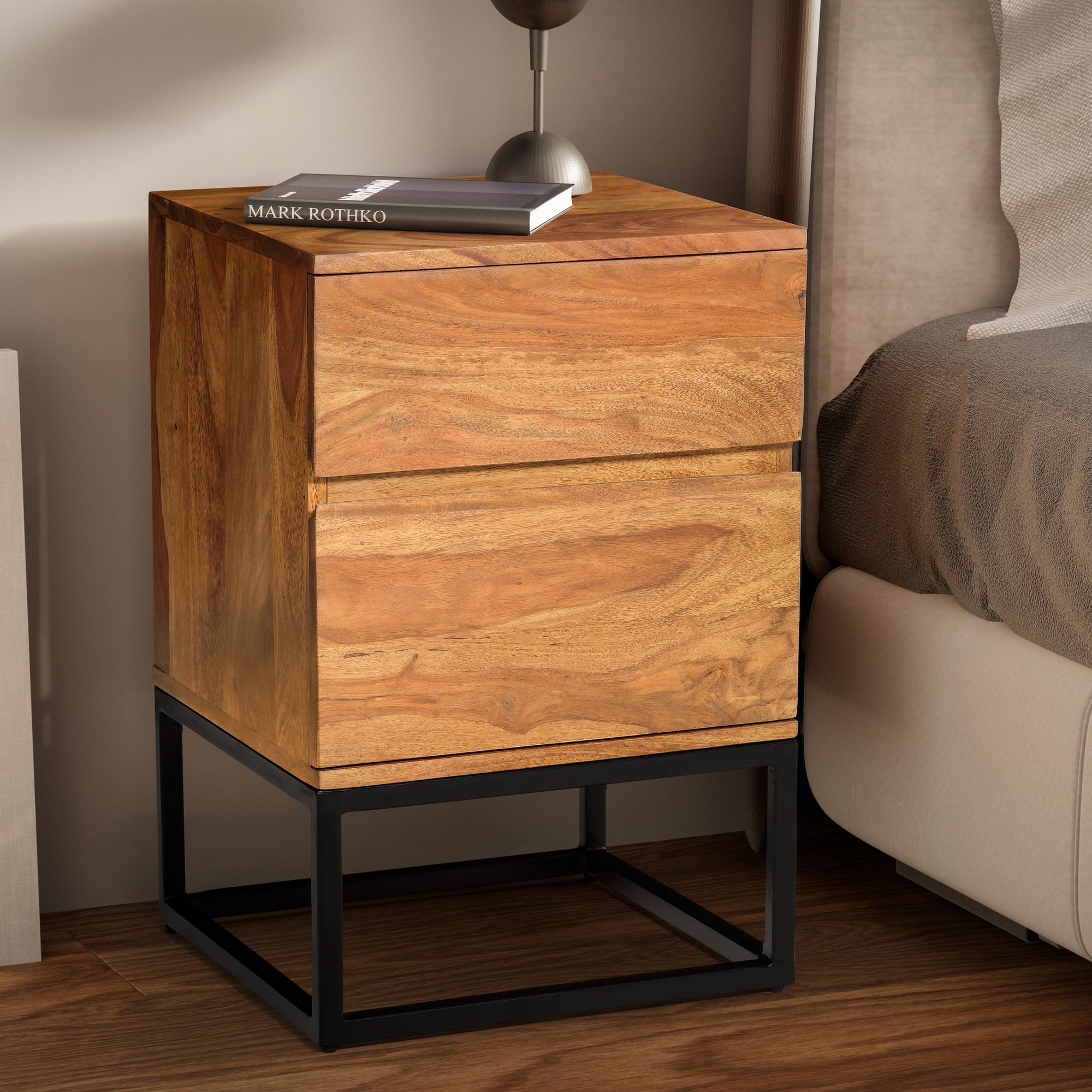 Image of Solid Wood And Metal Nightstand, 40x38x60 Cm, Box Spring Bed Night Cabinet, Design Night Console With 2 Drawers, Industrial Nightstand With Storage Space