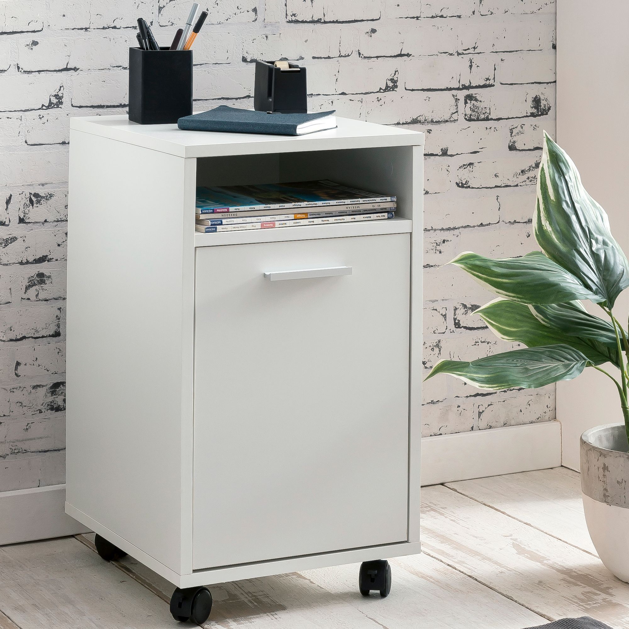 Image of Rolling Storage Container Sv51848, Wooden 33x60x38cm Drawer Cabinet, Office Container With Door & Shelf, Desk Organizer With Wheels, Small Drawer Storage Unit