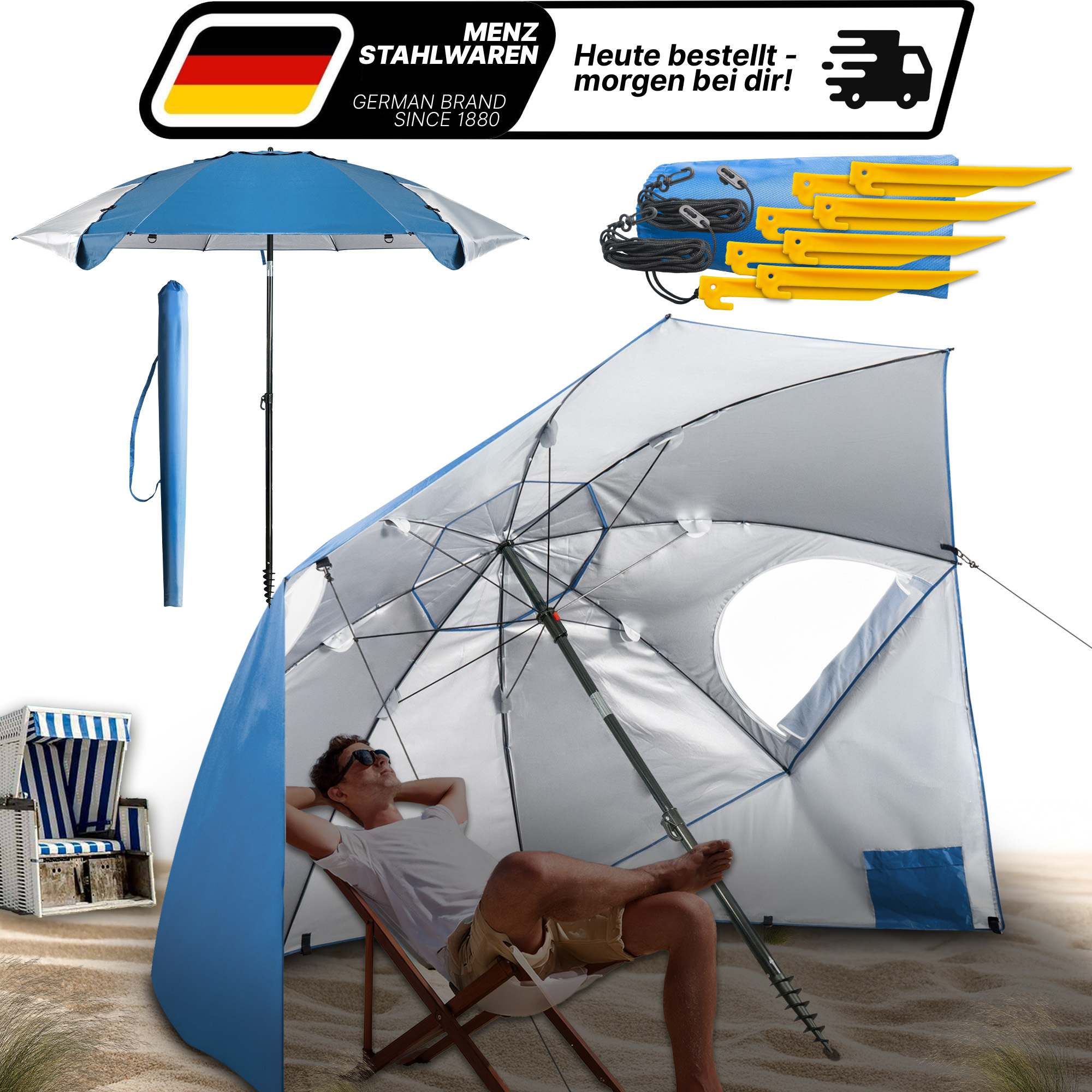 Image of Lindenstein Premium Beach Umbrella – Extra Sturdy & Windproof (ø 220 Cm) With Upf 50+ Protection & Integrated Side Wall – Shade For Beach Areas In Blue