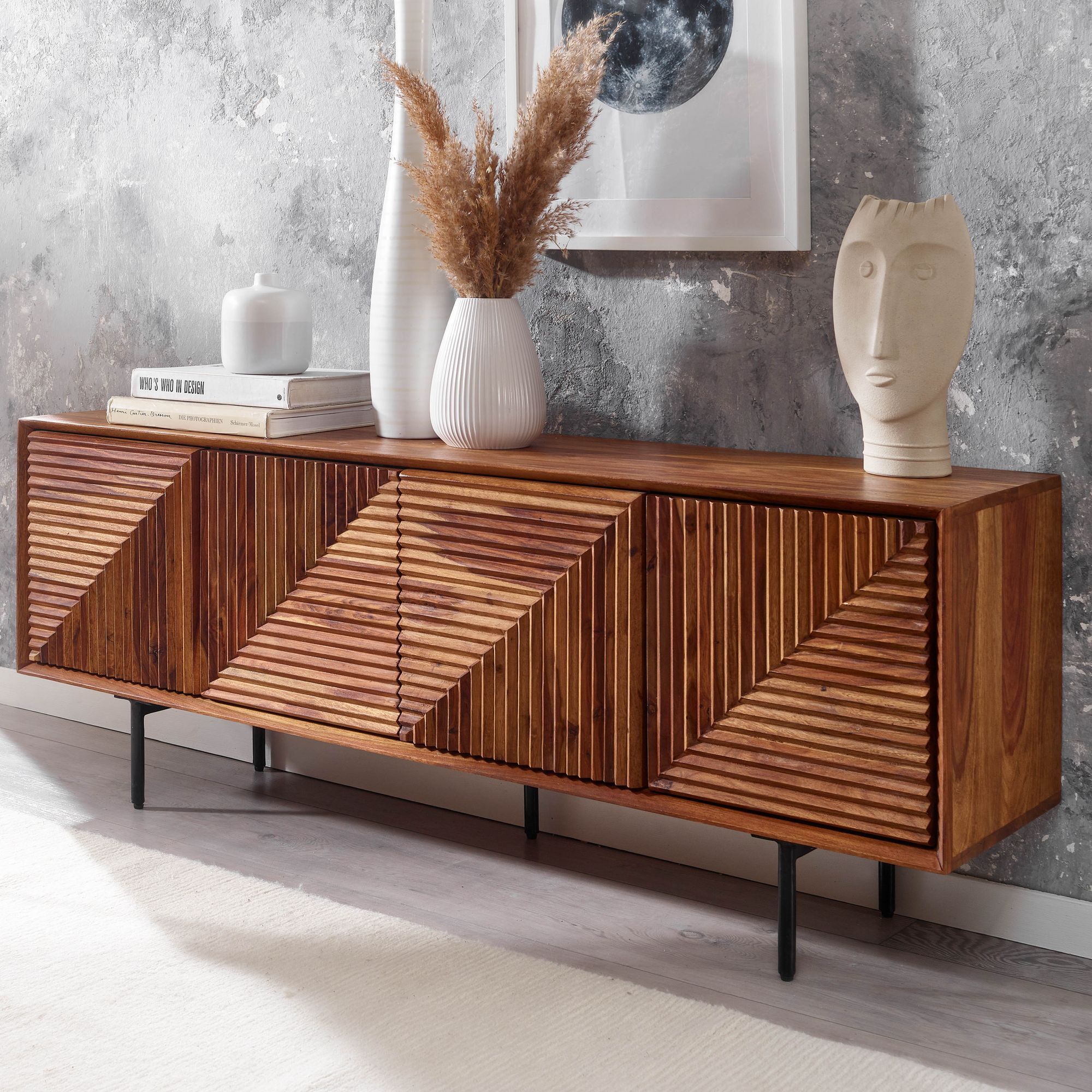 Image of Lowboard Solid Wood 140x54x33 Cm Tv Cabinet With 4 Doors, Cabinet Design, Tv Table Modern Tv Cabinet Living Room