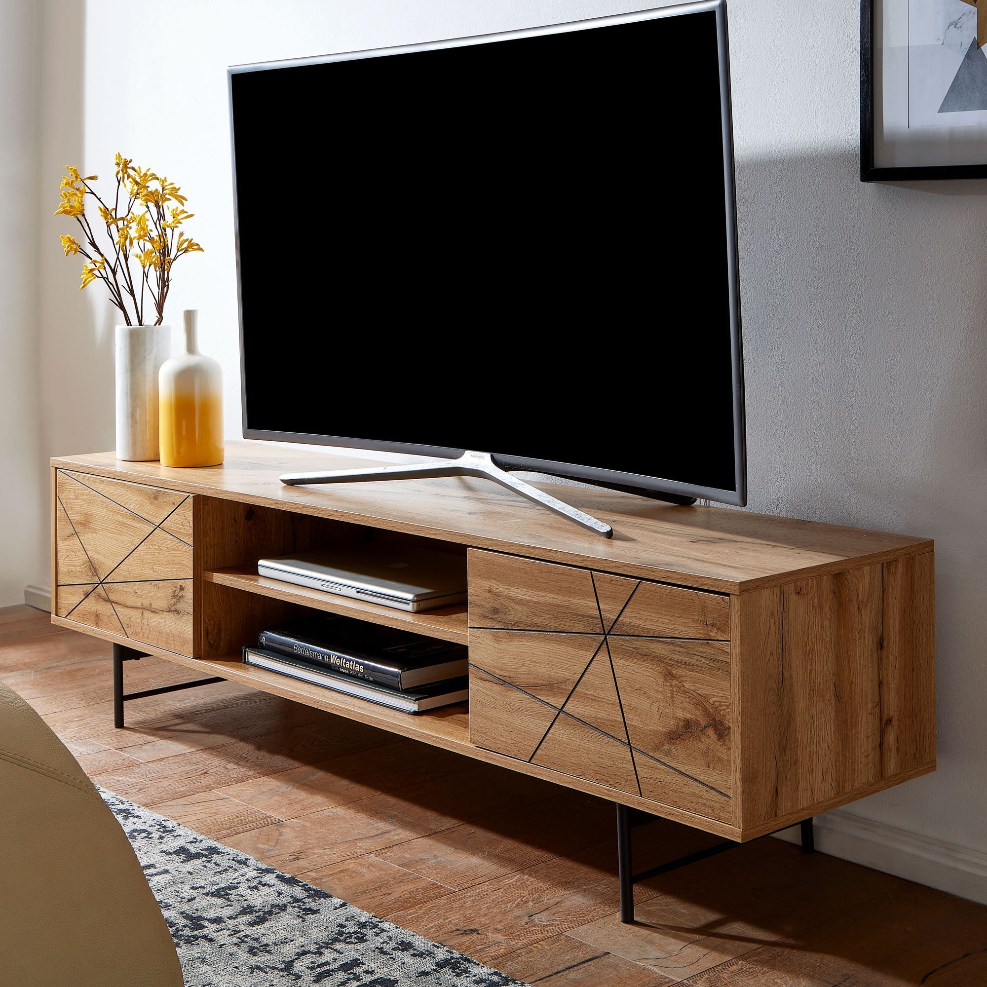 E-shop Lowboard Holz Eiche-Dekor 160x45x40 cm TV-Kommode mit zwei Türen, Design TV-Schrank Hoch, Fernsehtisch Fernsehschrank Modern, Fernsehkommode