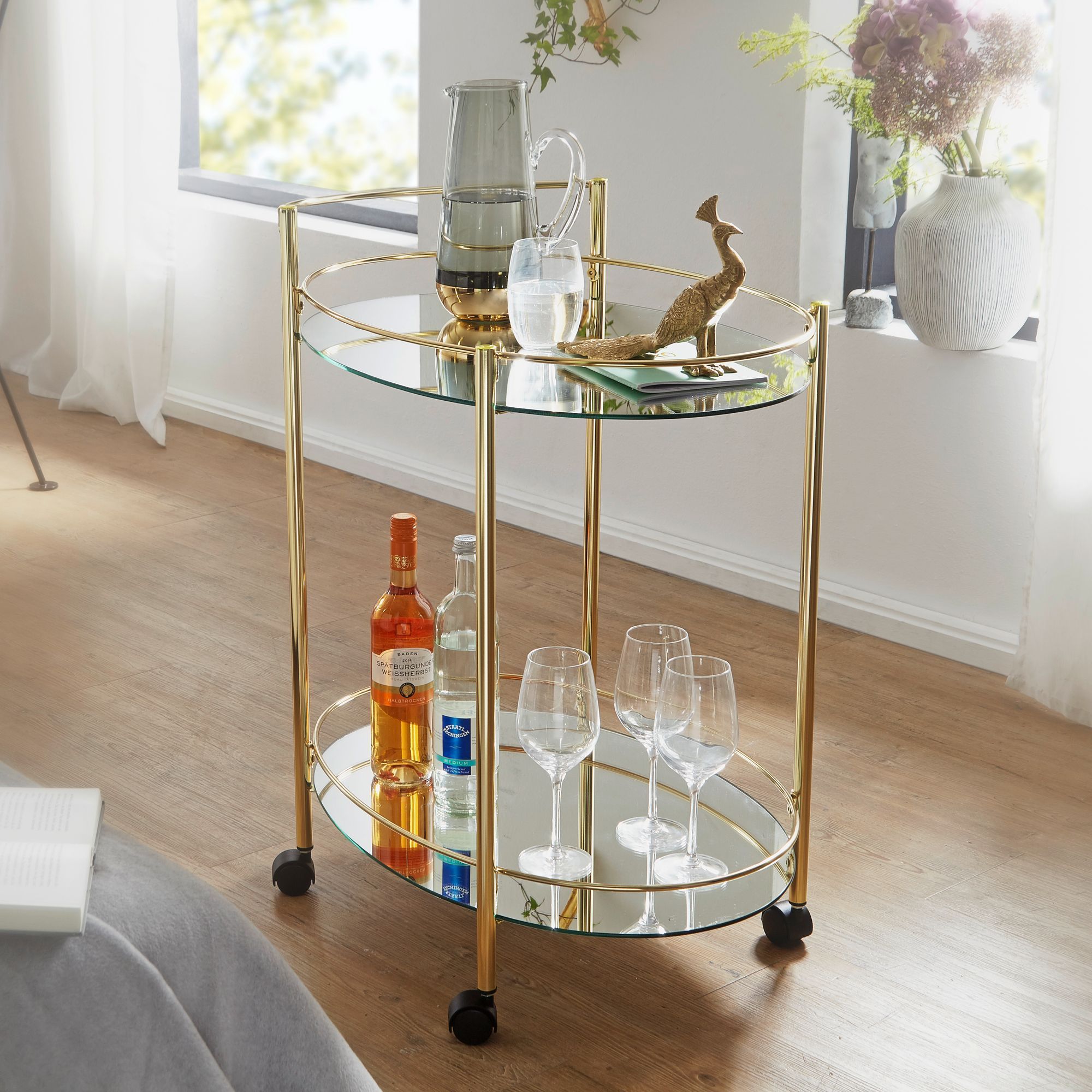 Image of Design Serving Cart Gold 67x79 Cm Bar, Side Table On Wheels, Dining Cart With Glass Top White, Kitchen Cart, Tea Cart With Frosted Glass