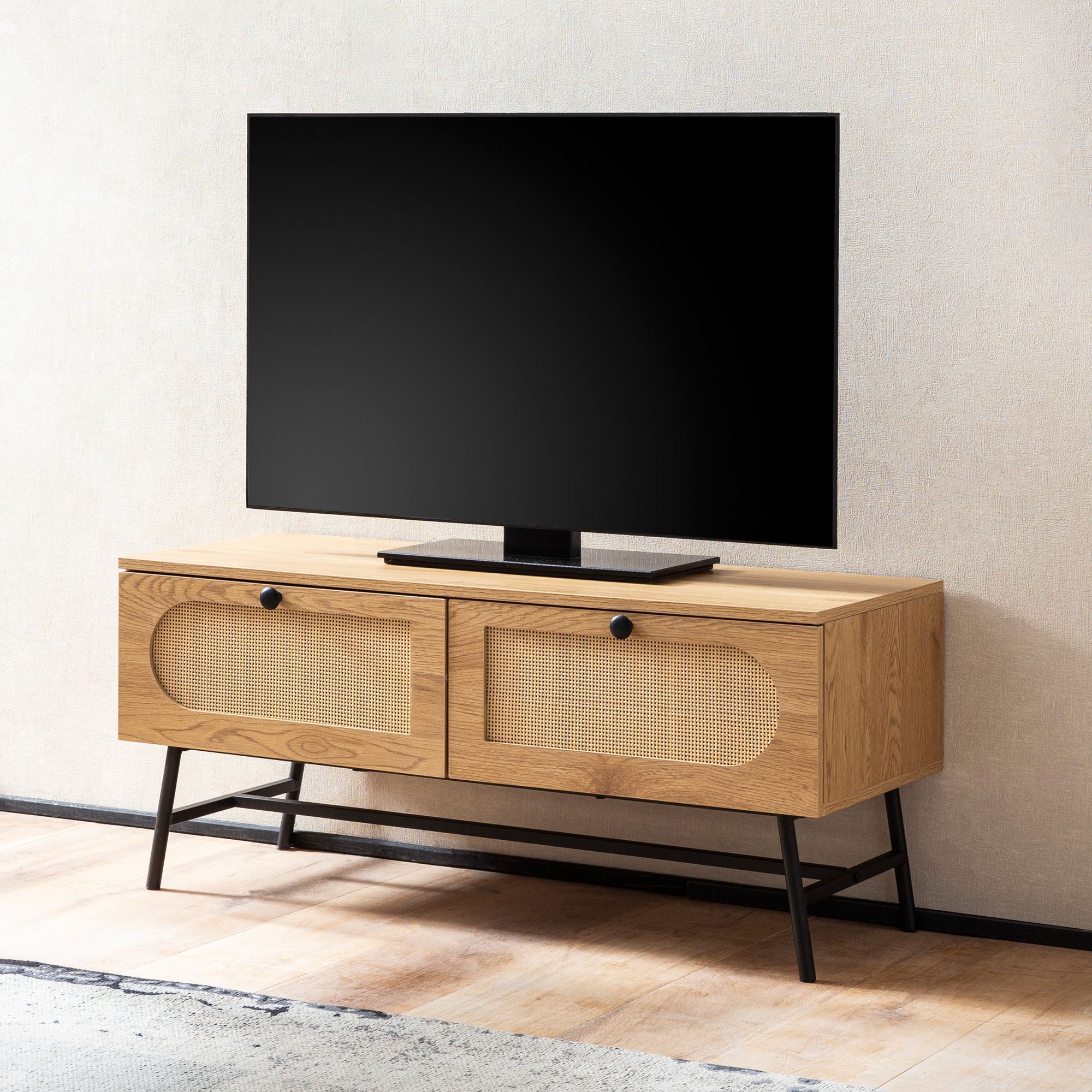 Image of Lowboard 100x45x40 Cm Tv Cabinet With Oak Decor & Rattan, Cabinet Design With Drawers, Tv Table Tv Cabinet, Tv Cabinet Living Room