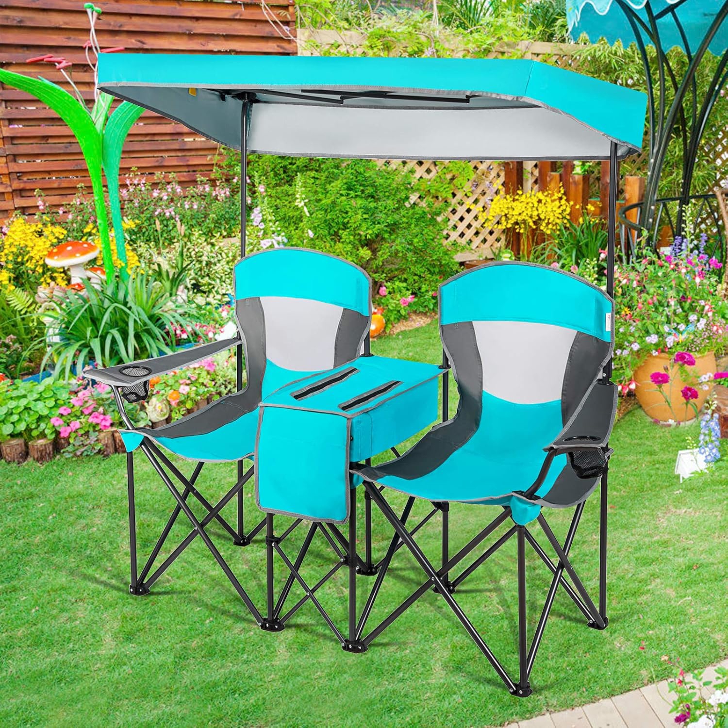 Image of Double Folding Camping Chairs With Carrying Bag, Outdoor 2 Seat Picnic Chair With Adjustable And Detachable Canopy
