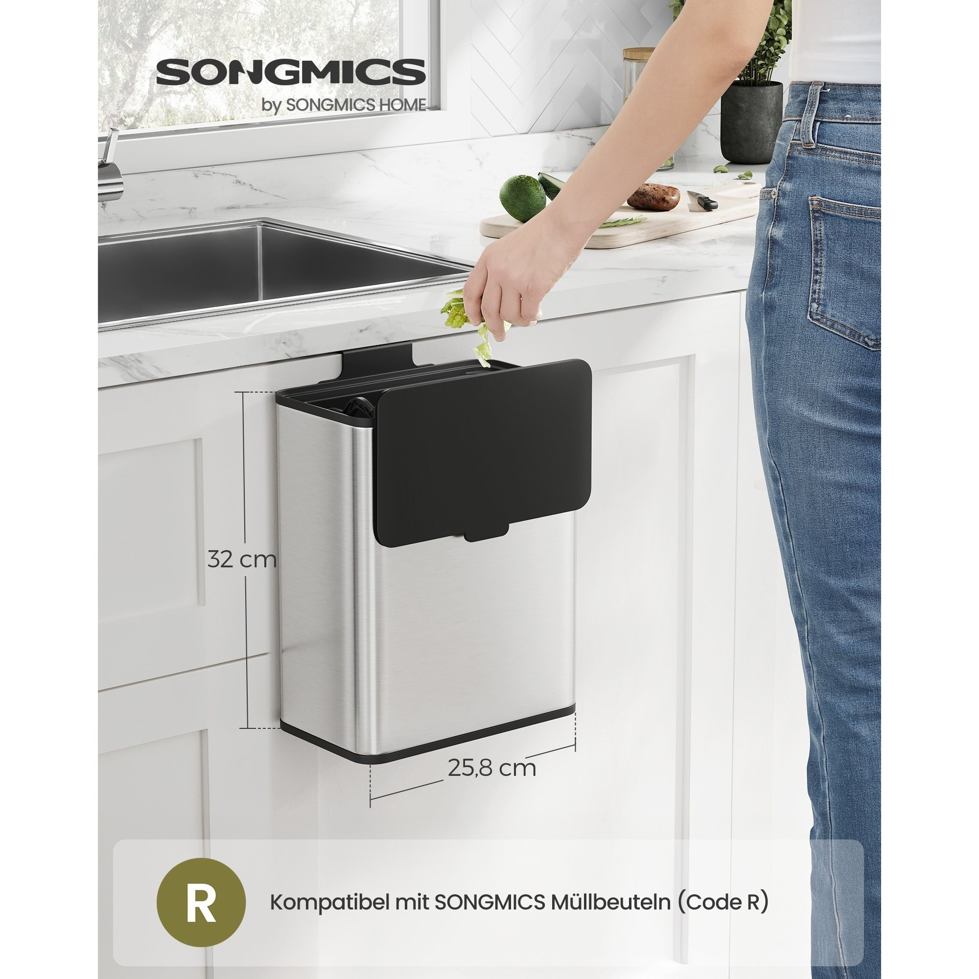 TEMU 8l Kitchen Trash Can, Step Bin, Hanging Compost Bin, Steel Waste Bin With Lid For Food Waste, For Cabinet Or Wall Mounting