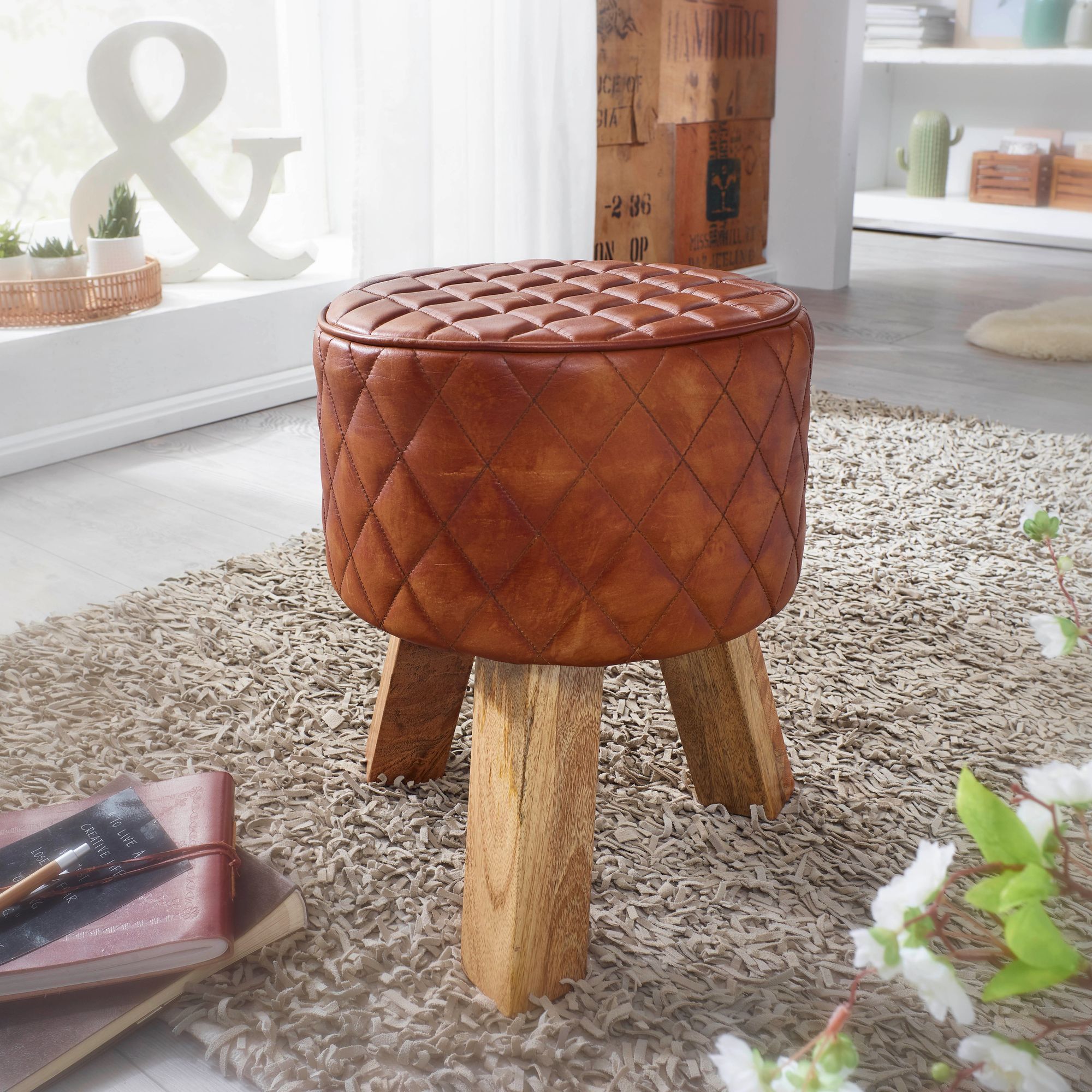 Image of Ottoman Real Leather / Solid Wood 35x46x35 Cm Modern Round Footstool, Turned Stool Leather Brown, Small Upholstered Stool, Wooden Stool With Leather Cover