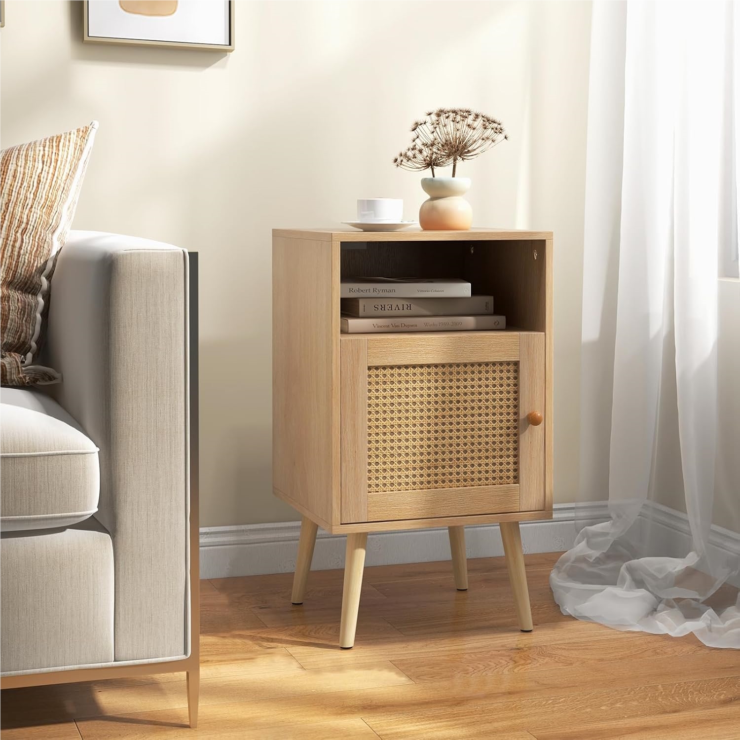 Image of Pack Of 2 Wooden Bedside Table With Rattan Door And Pine Legs, Side Table With Cabinet And Open Shelf