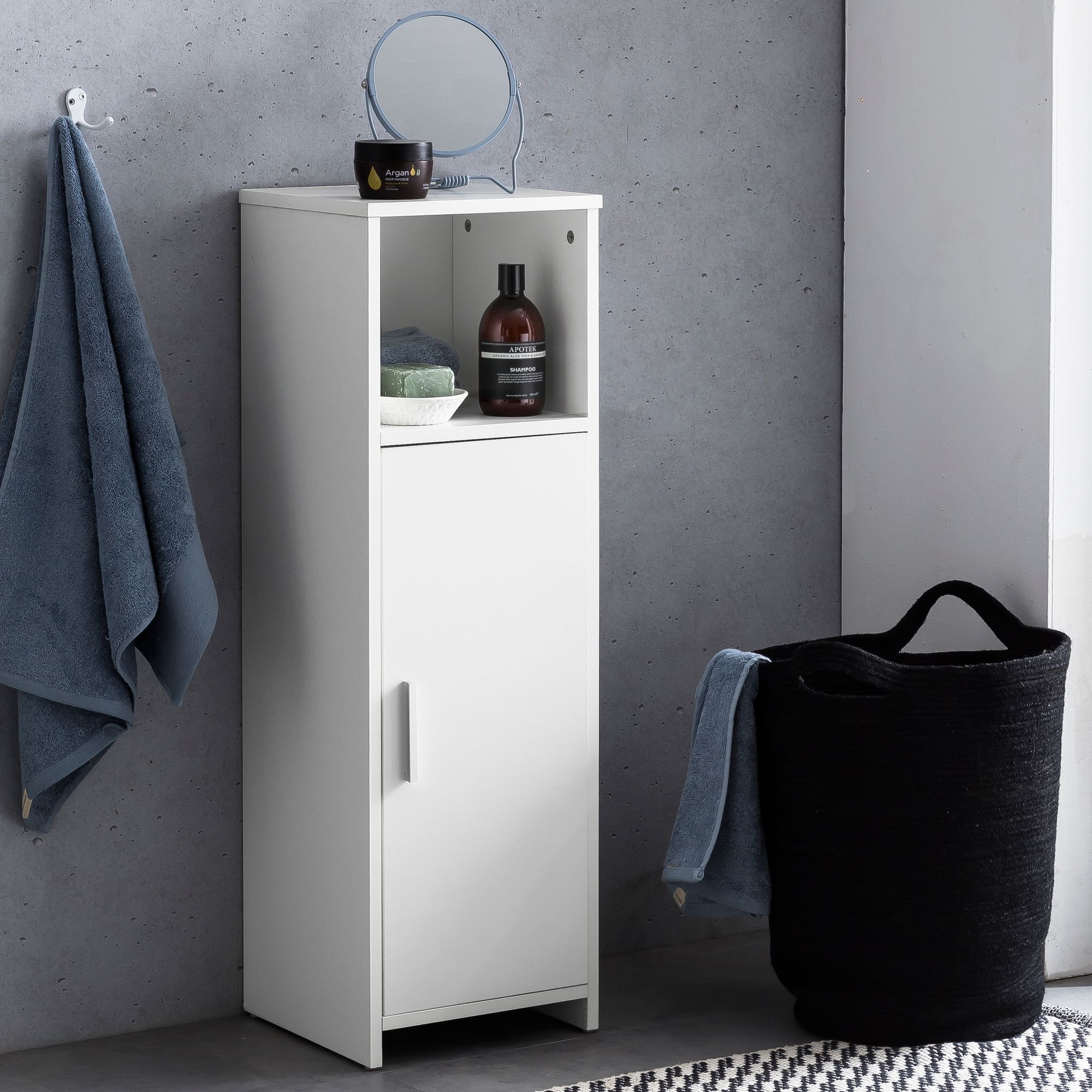 Image of 30 X 95.5 X 30 Cm White Wooden Bathroom Cabinet With Door And Shelf, Small Freestanding Bathroom Cabinet, Narrow Bathroom Vanity, Bathroom Furniture