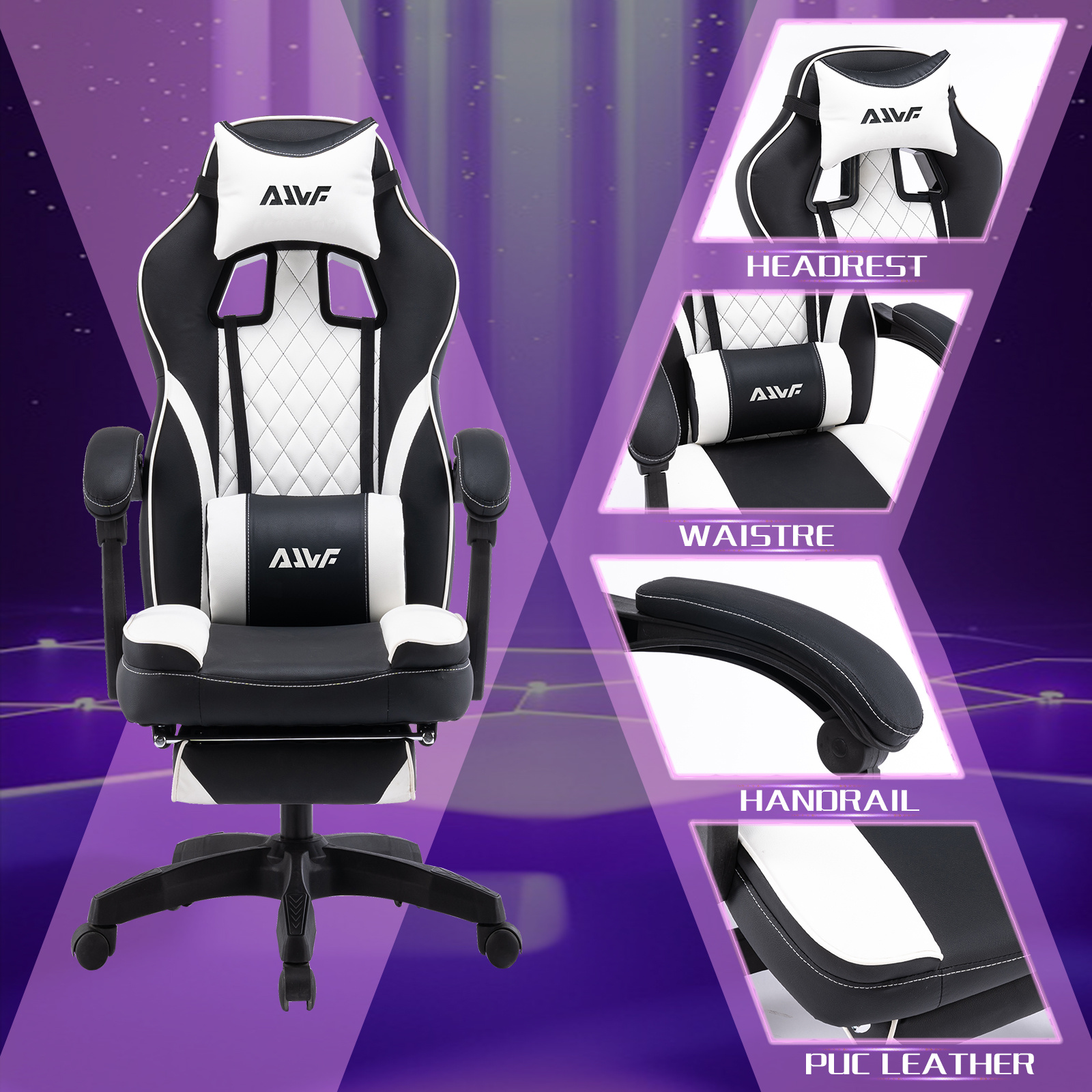 Ergonomische Gamingstoel met Ottomaan Armleuningen - 155° Inversie, Hoge Rugleuning, Verstelbare Hoofdsteun en Armleuningen, Zwart-Wit Design, Gevoerde Zitting voor Kantoor en PC Werkstation, Fashion Avatar X | Soepel Bewegende Wieltjes, Gamingstoel voor Volwassenen