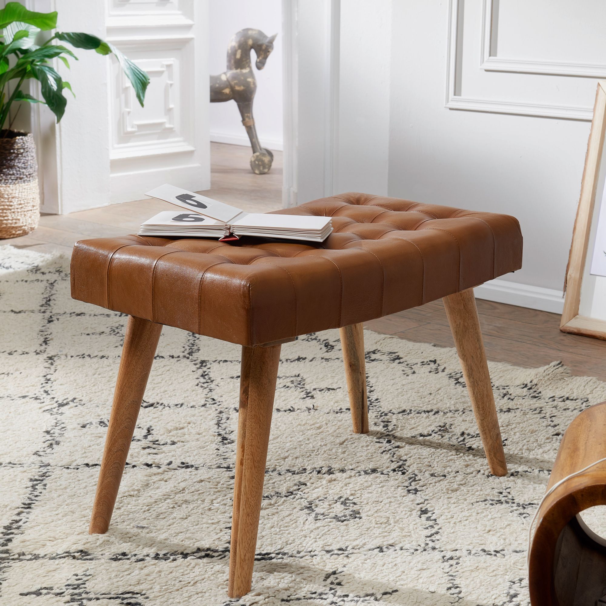 Stool 67x47x39 Cm Solid Mango Wood / Real Leather Chesterfield Design, Brown Leather Stool, Footstool Without Backrest, Country Footstool