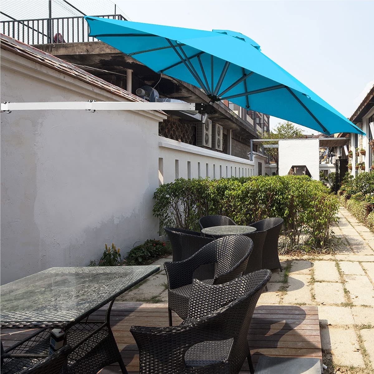 Image of Wall-mounted Sun Umbrella, Tiltable Wall Shade, Balcony Umbrella With Adjustable Aluminum Pole, Wall-mounted Garden Umbrella For Garden, Balcony, Courtyard, Ø 250 Cm (turquoise)