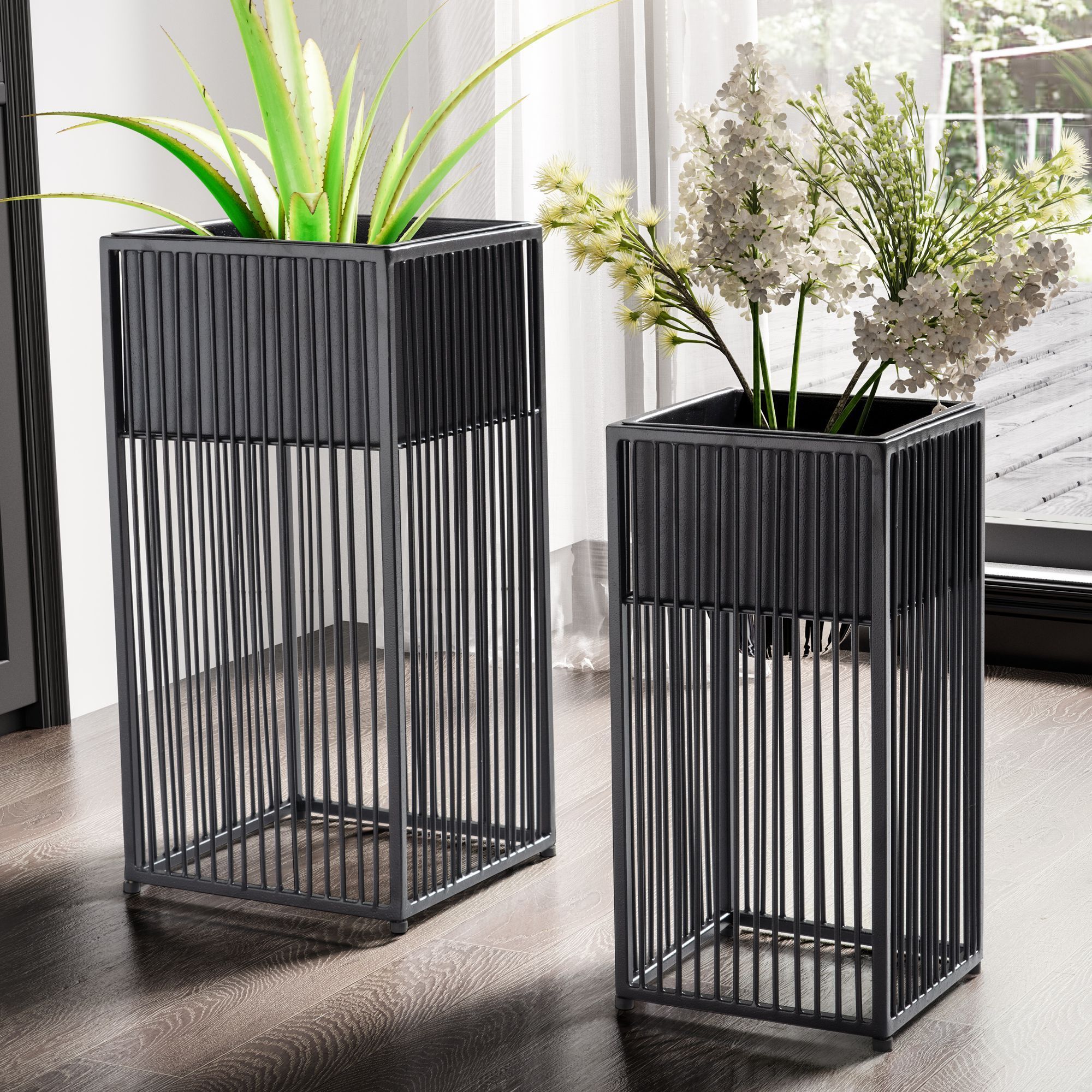 Image of Set Of 2 Metal Flower Pots In Black With Stand, Square Design Plant Pots, Flower Pot Planter Indoor