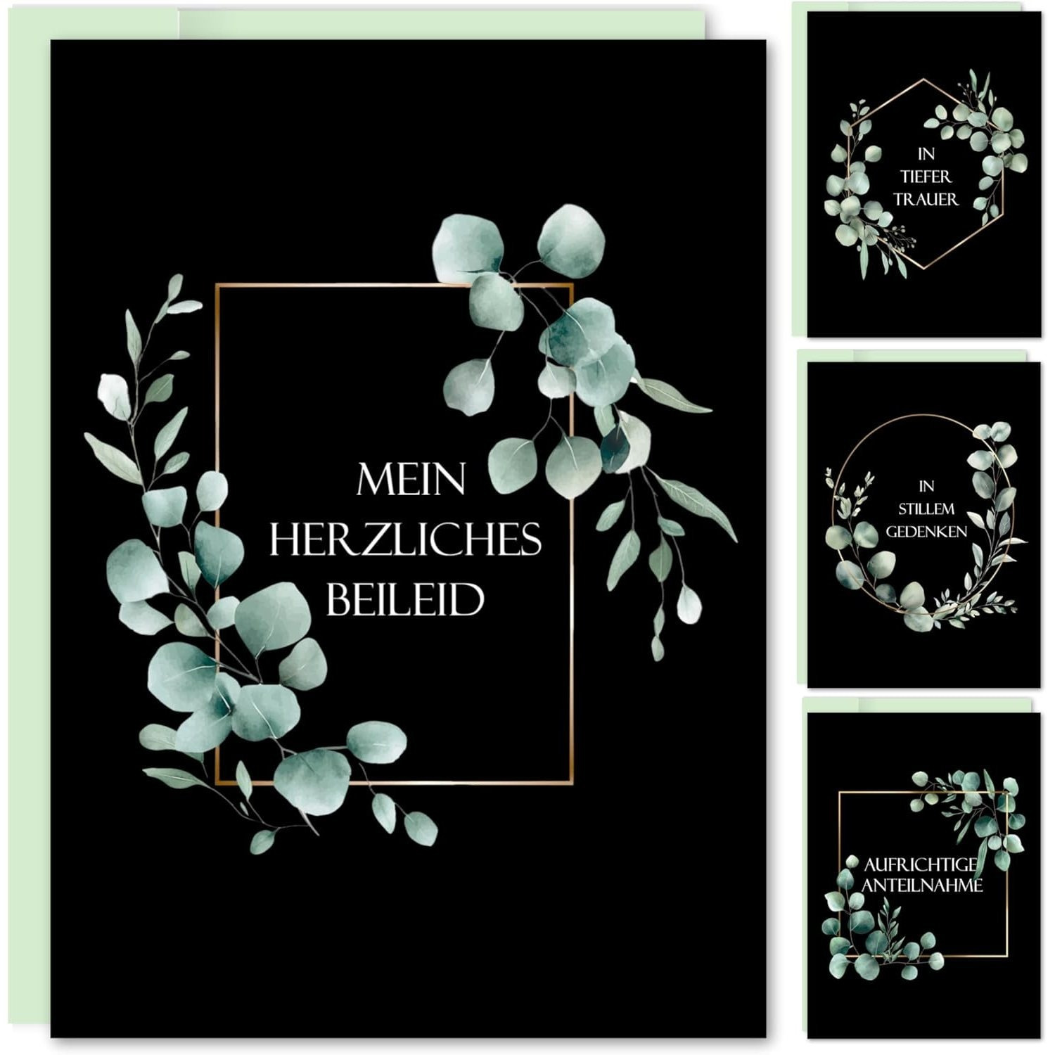 Image of E& Sympathy Cards Set With Envelopes, A6 Foldable Cards In Quiet Condolence, Farewell Cards, Black Eucalyptus Design, Neutral And Stylish, 8 Pieces