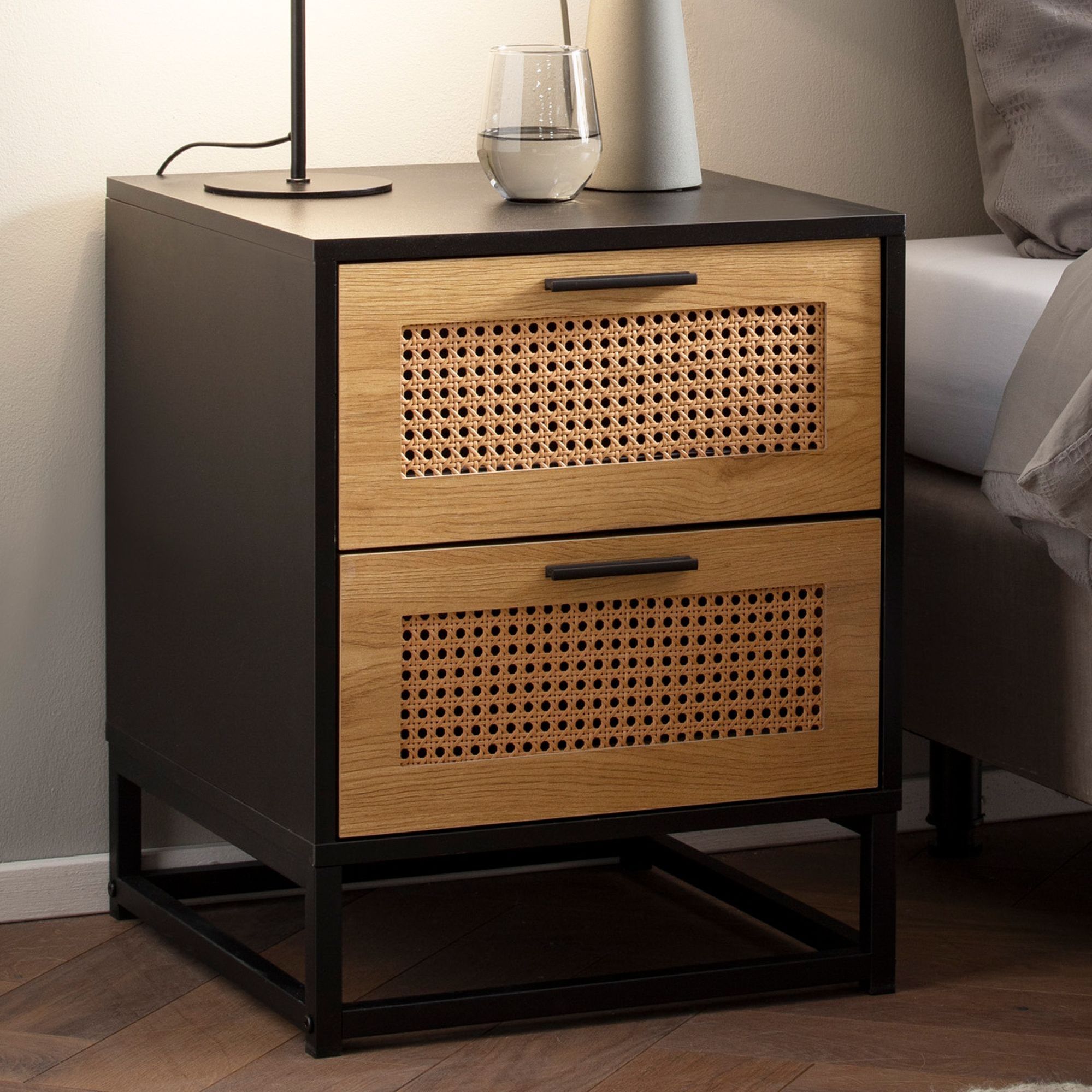 Black Nightstand With Vienna Wicker, 45x45x56 Cm, Bedside Table, Night Cabinet For Box Spring Bed With Drawers, Nightstand With Storage Space