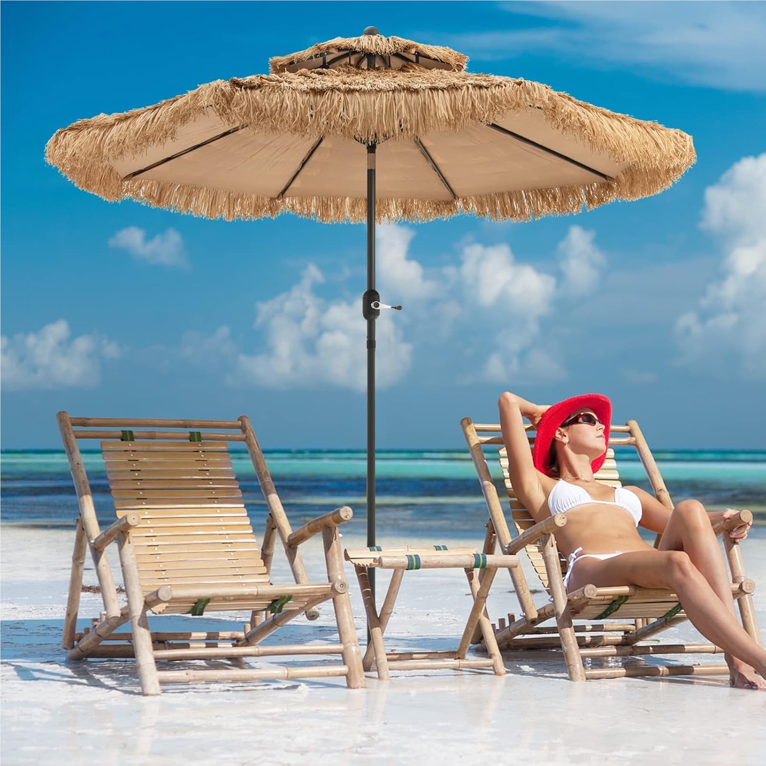 Image of Sun Umbrella Hawaii 300 Cm, Double Canopy Straw Umbrella, Tilt Garden Umbrella, Straw Beach Umbrella, Market Umbrella For Garden, Balcony, Terrace