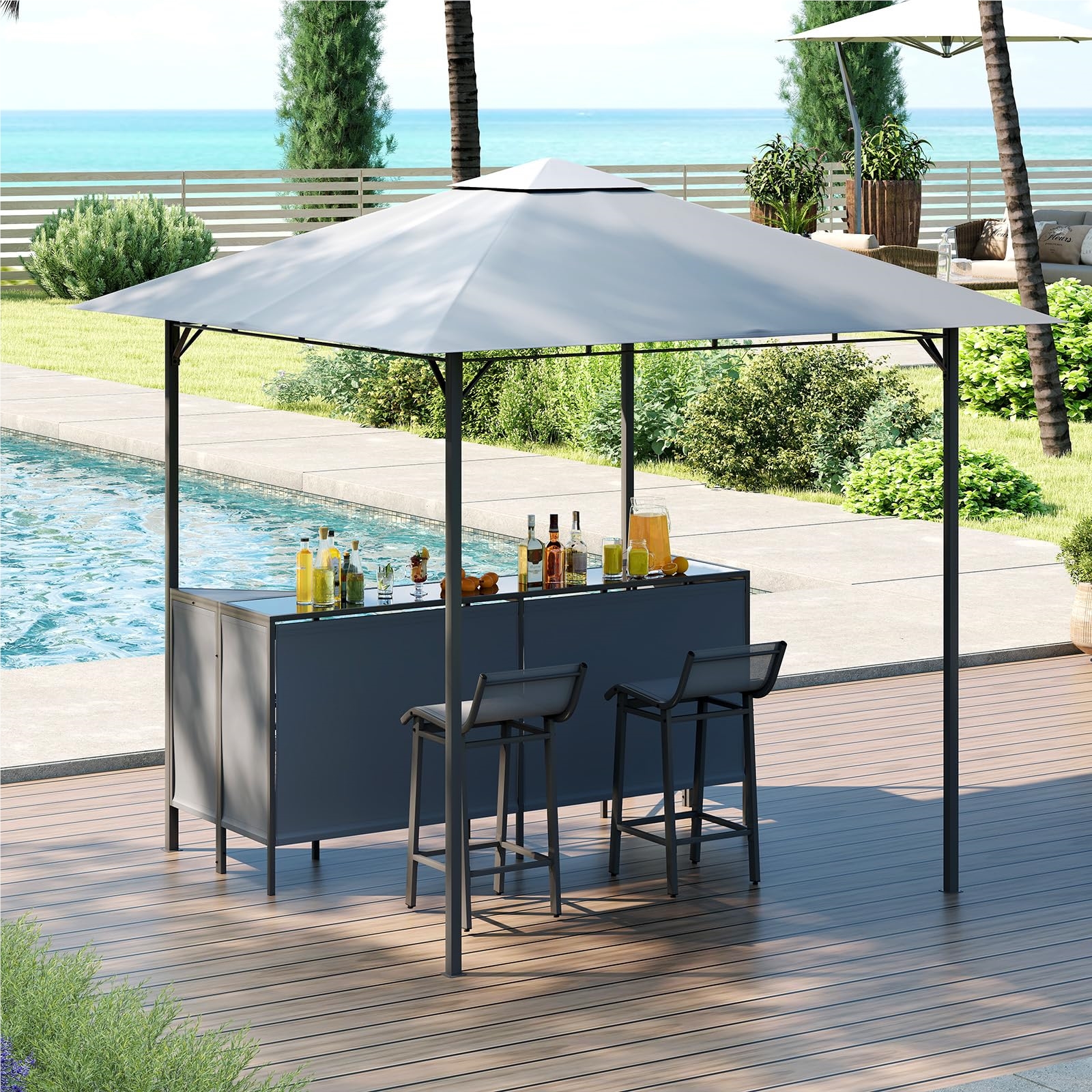 Image of Grill With Bar And 2 Chairs, Garden With Double Roof, 3-part Bar Set With Tempered Glass Bar Table & Equipment & Wine Glass Holders, Weather-resistant Grill Canopies, 245x245x243cm, Grey