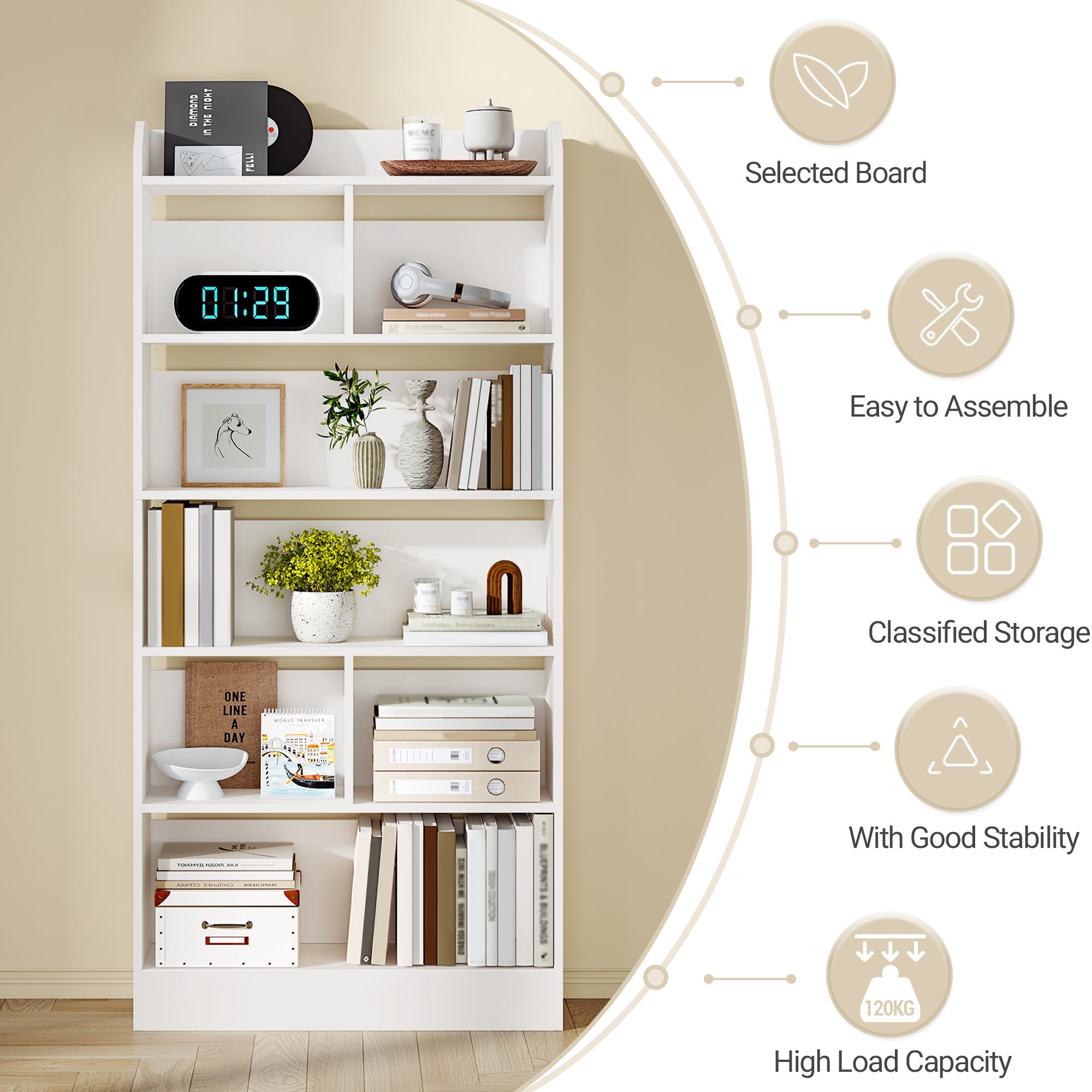 E-shop Bücherschrank, Bücherregal, mit 6 Fächern, Aufbewahrungsregal, Standregal, für Wohnzimmer, Büro, Schlafzimmer, 24 x 80 x 170 cm, Weiß