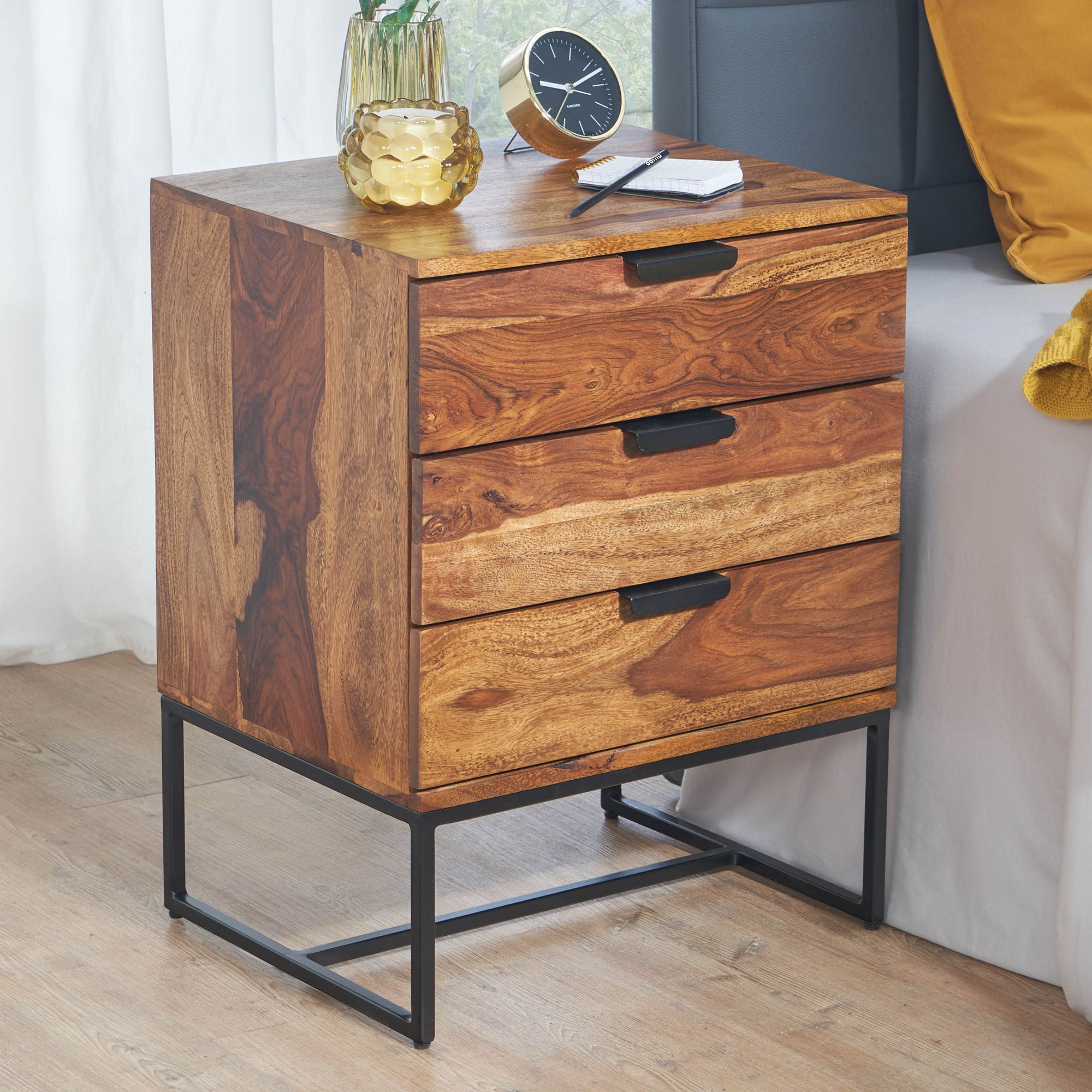Solid Wood / Metal Nightstand 50x40x65 Cm, Box Spring Bed Design Night Console With 3 Drawers, Industrial Nightstand With Storage Space