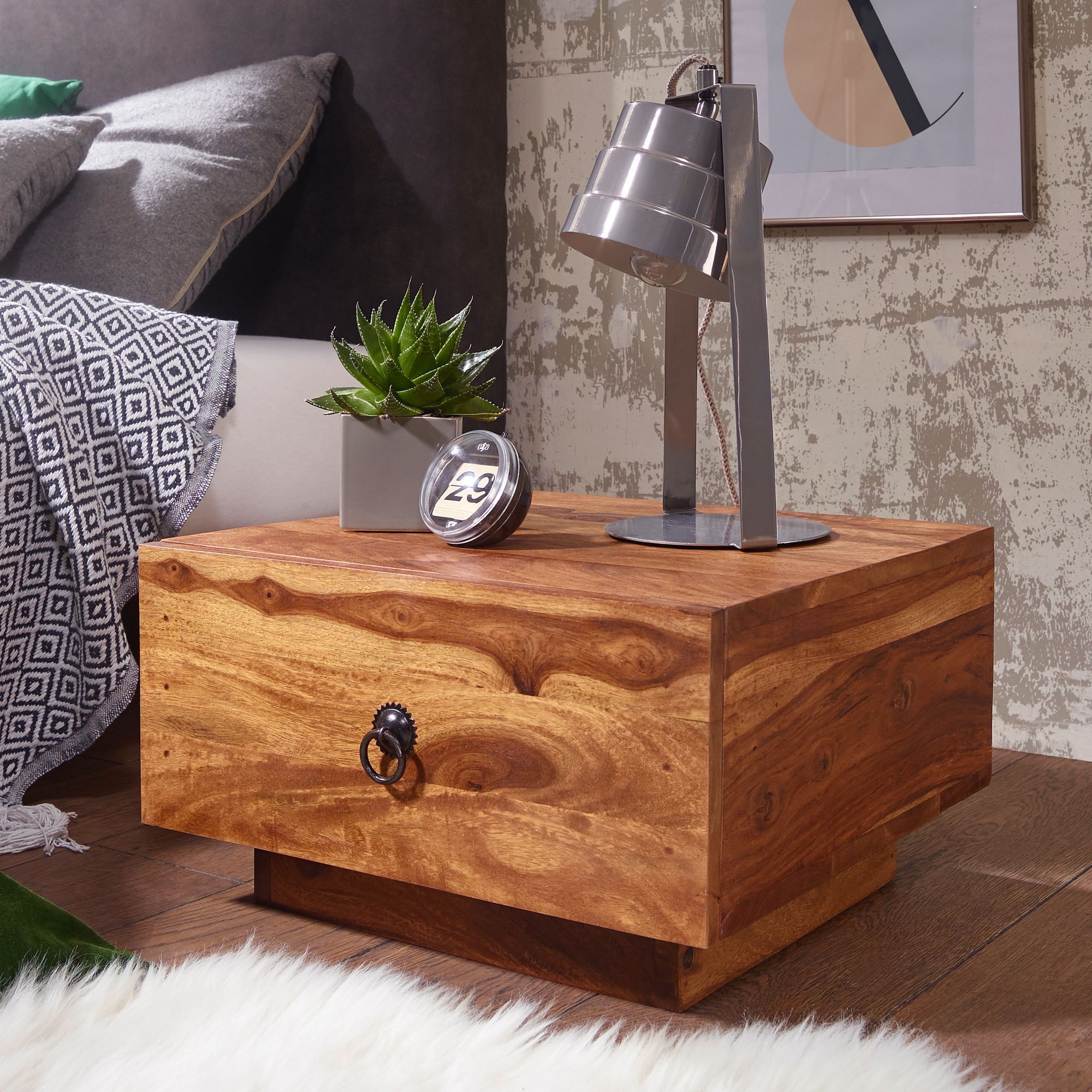 Design Solid Wood Nightstand 40x40x25 Cm, Modern Night Dresser With Drawer, Natural Wood Night Console