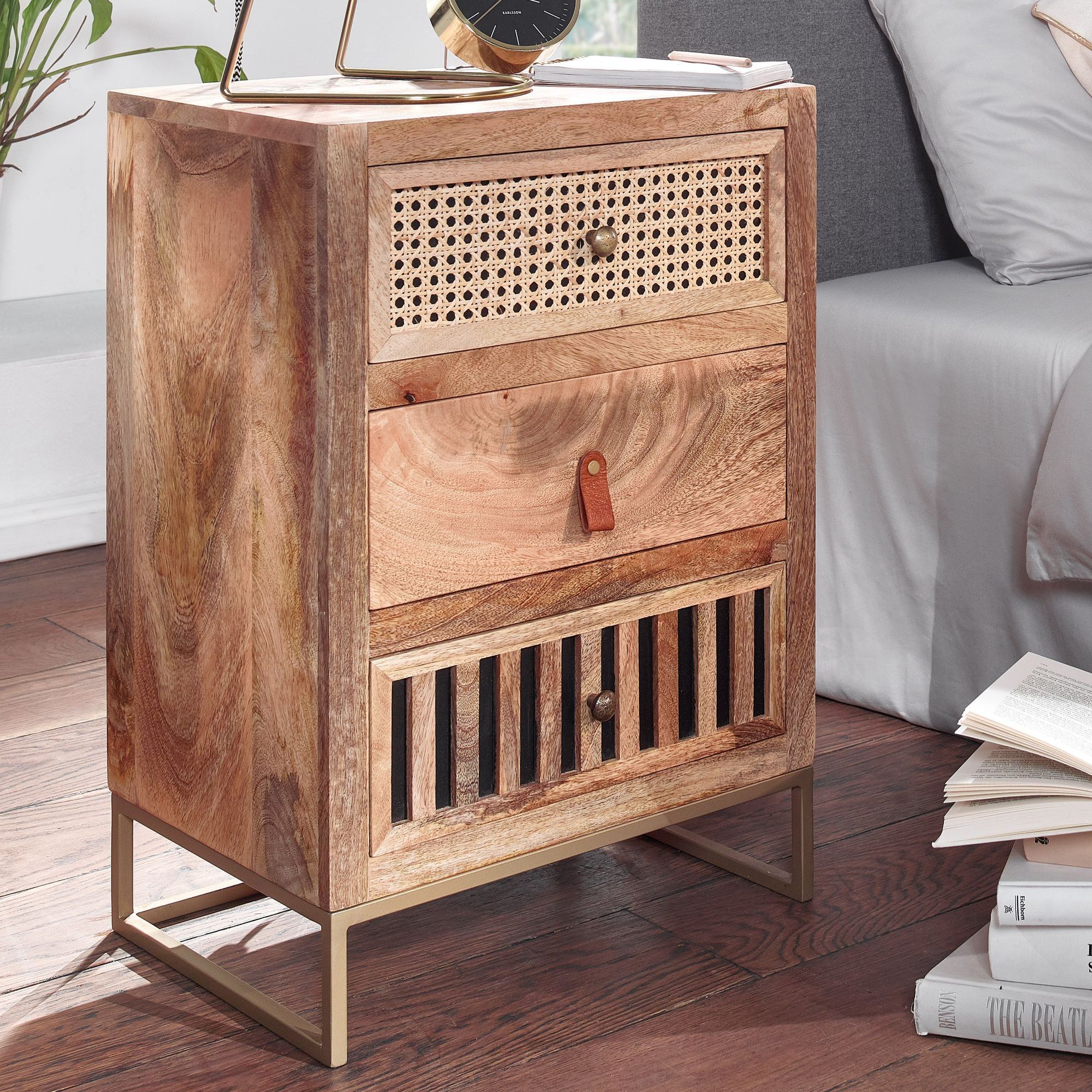 Mango Solid Wood / Metal Nightstand 40x60x30 Cm, Box Spring Bed Night Cabinet, Design Night Console With 3 Drawers, Vienna Wicker Nightstand With Storage Space