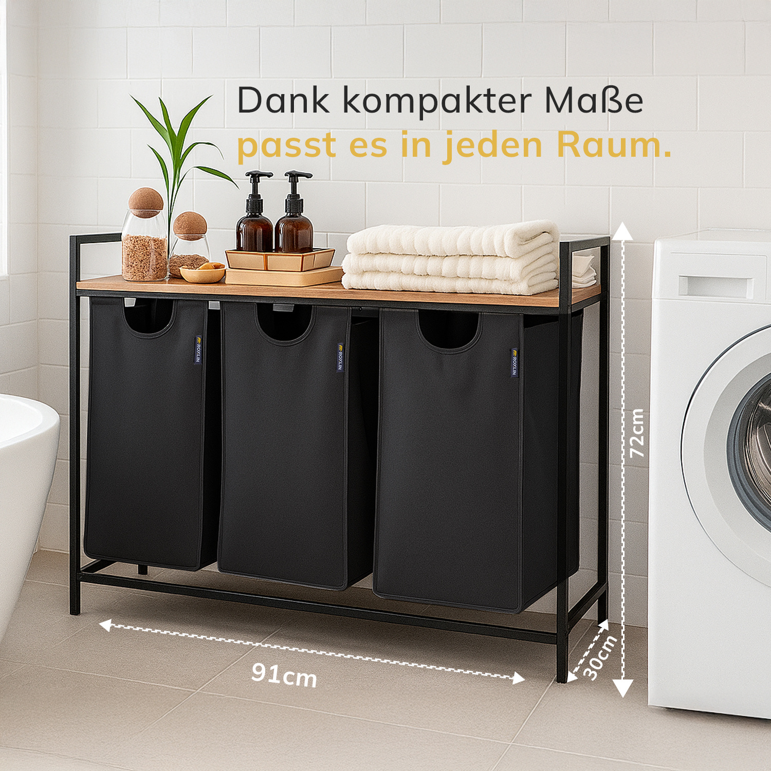 Image of Roxlin Laundry Basket With 3 Compartments - Laundry Collector With Lid & Shelf - Metal Laundry Sorter - Dirty Laundry Organizer For Bathroom, Bedroom, Laundry Room