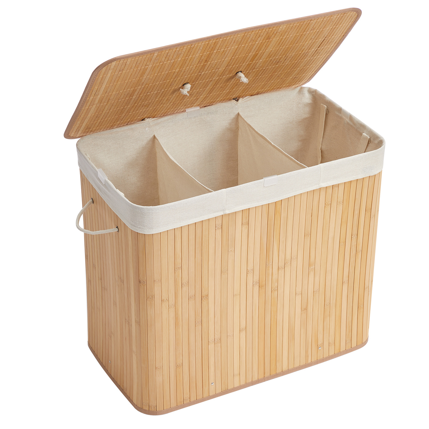 Laundry Basket With Lid, 3 Compartments, 170 , Bamboo Laundry Collector, Foldable, Removable Laundry Bag And Machine Washable, With Handles, For Laundry Room, Bedroom
