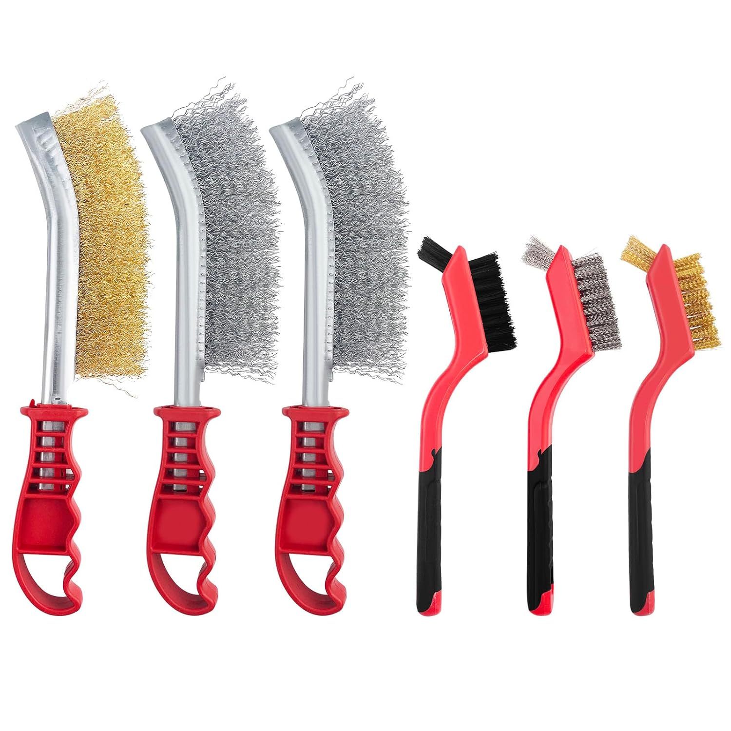 E-shop 6pcs Drahtbürste, Drahtbürstenset mit Edelstahlbürste, Messingbürste, Nylonbürste, Stahlbürste, Metallbürste für Holz, Bohrer, Rostentferner,