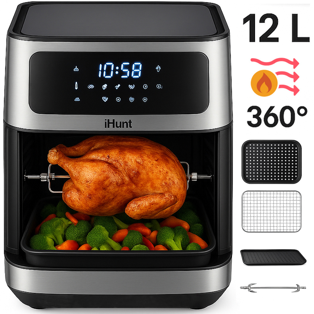 TEMU Hot Air Fryer With Rotisserie Without Oil Ihunt Bro Air Fryer 12l Rotary Xl, 1800w, 360-degree Air Circulation, Premium Body, 10 Cooking