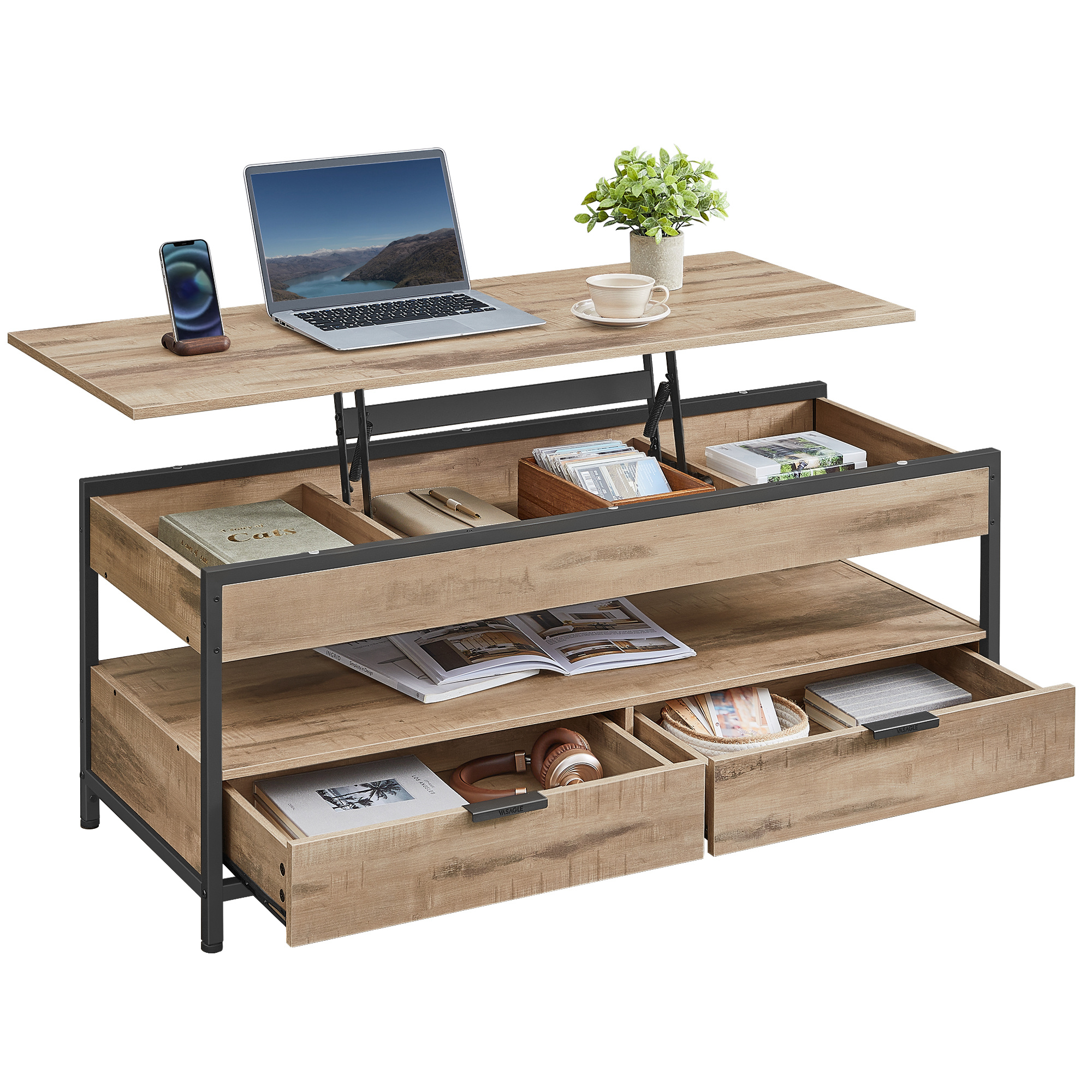 Coffee Table With Adjustable Height, Living Room Table, With Drawers, Open Compartment, 50 X 120 Cm