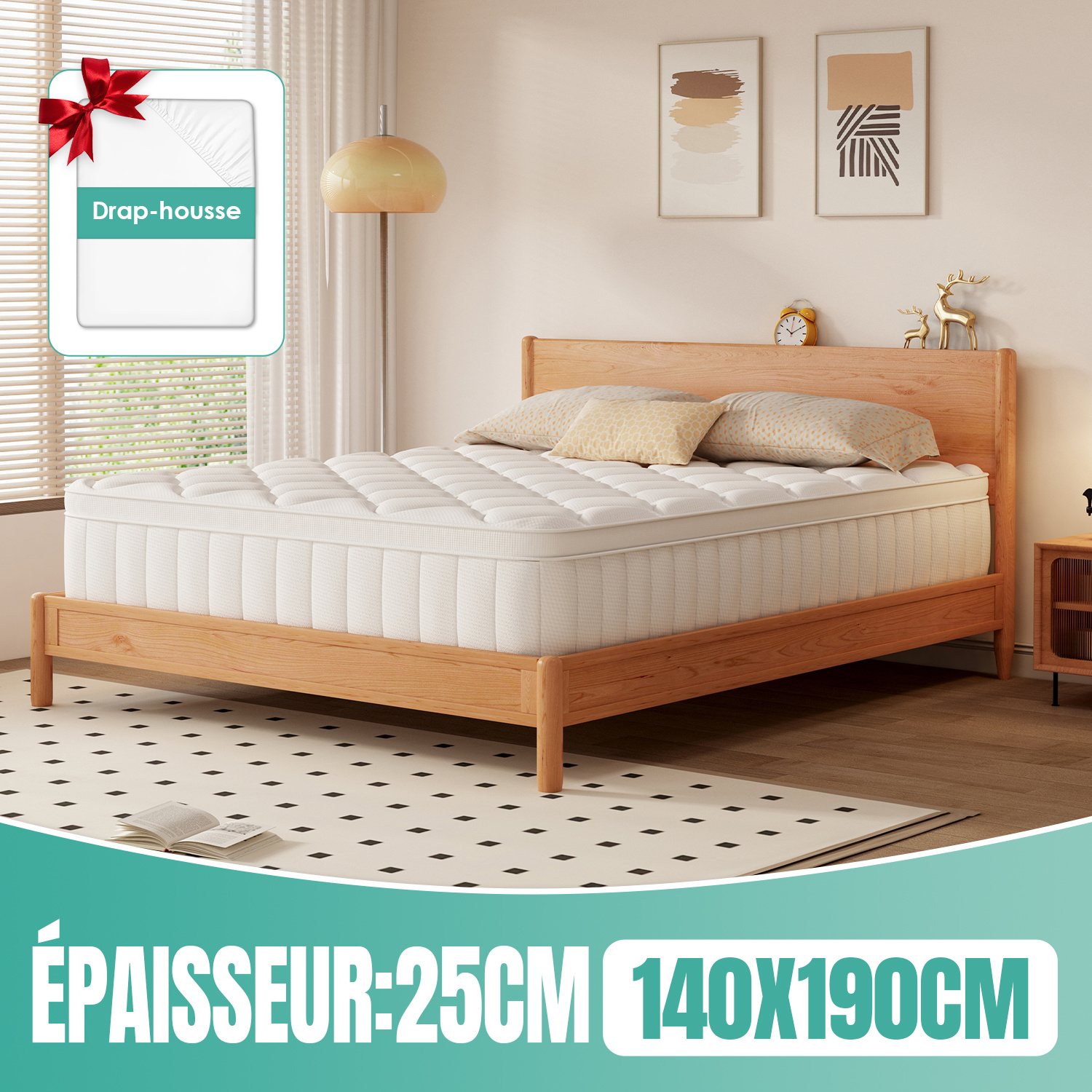 TEMU Matelas 140x190 cm, matelas à ressorts ensachés, épaisseur de 25 cm, silencieux et offrant un bon soutien, respirant et confortable, design 7