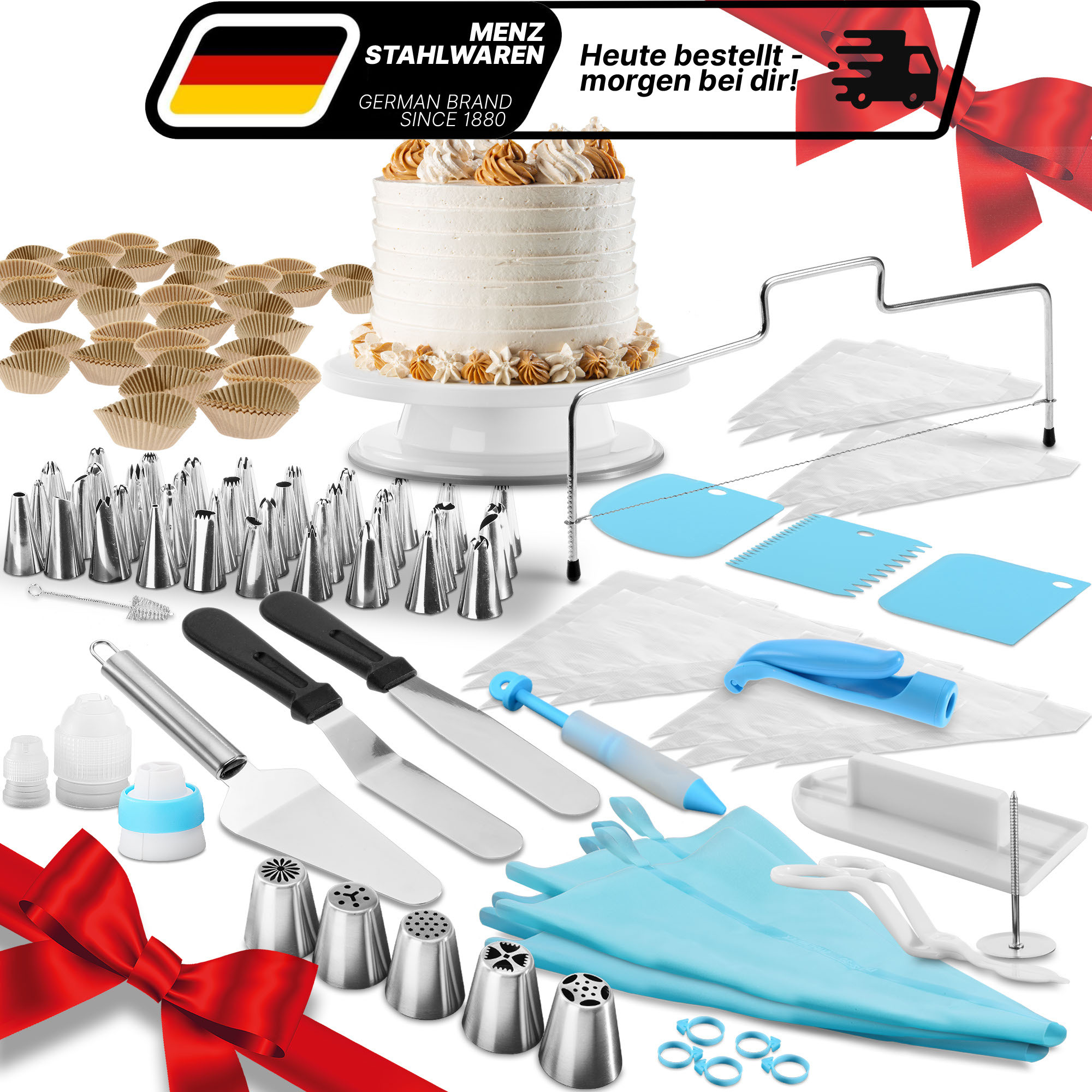 E-shop Home Torten Zubehör Set – Zwei Auswahlmöglichkeiten für kreative Backideen: 142-teiliges Set mit drehbarer Tortenplatte, Edelstahl-Spritztüllen
