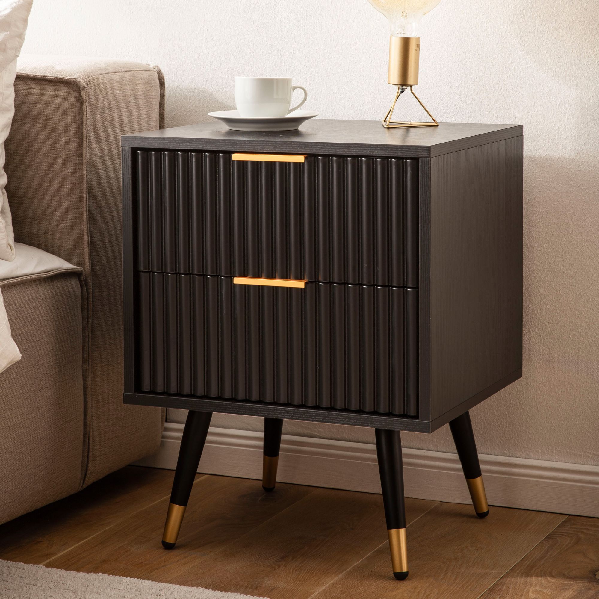 Night Console Black With Oak Decor 43.5x39x56 Cm Modern Nightstand, Bedside Table With Drawers, Night Chest With Storage Space