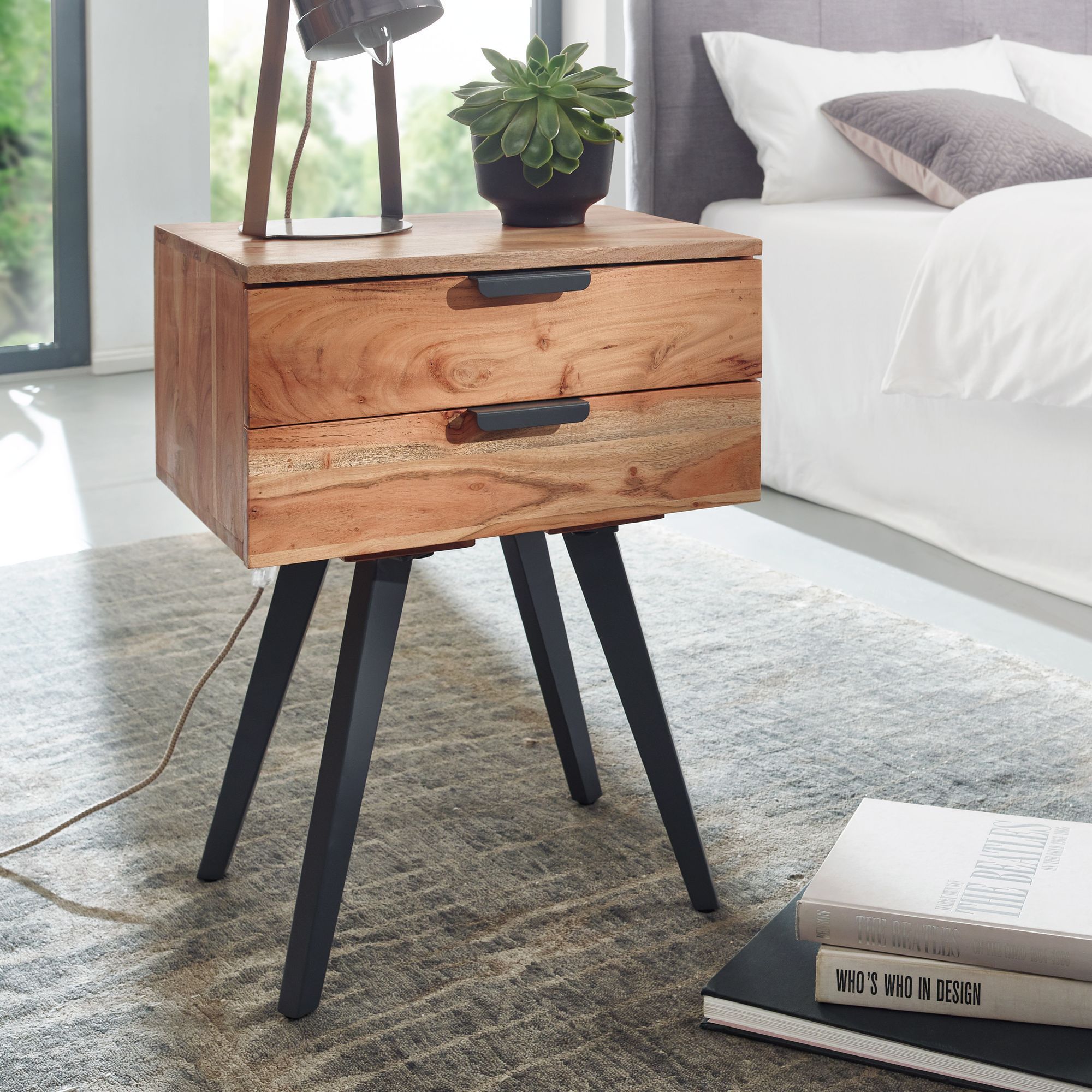 Image of Solid Acacia Wood Nightstand 47 X 35 Cm For Boxspring Bed, Bedside Table With 2 Drawers, Modern Nightstand With Metal Legs, Solid Wood Nightstand