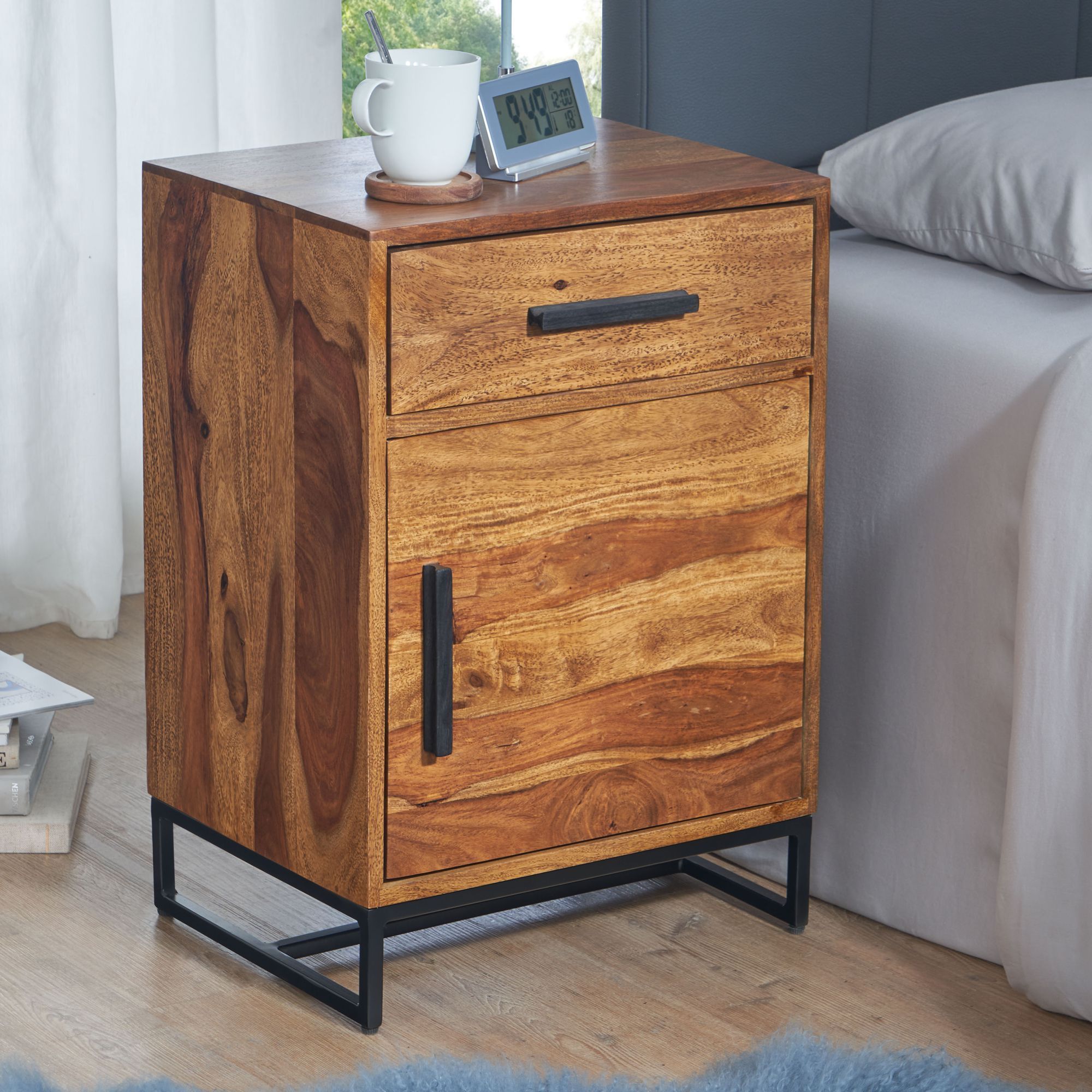 Nightstand Solid Wood / Metal 45x35x65 Cm Bedside Table, Box Spring Bed Design Night Console With Drawer And Door, Industrial Night Commode With Storage Space
