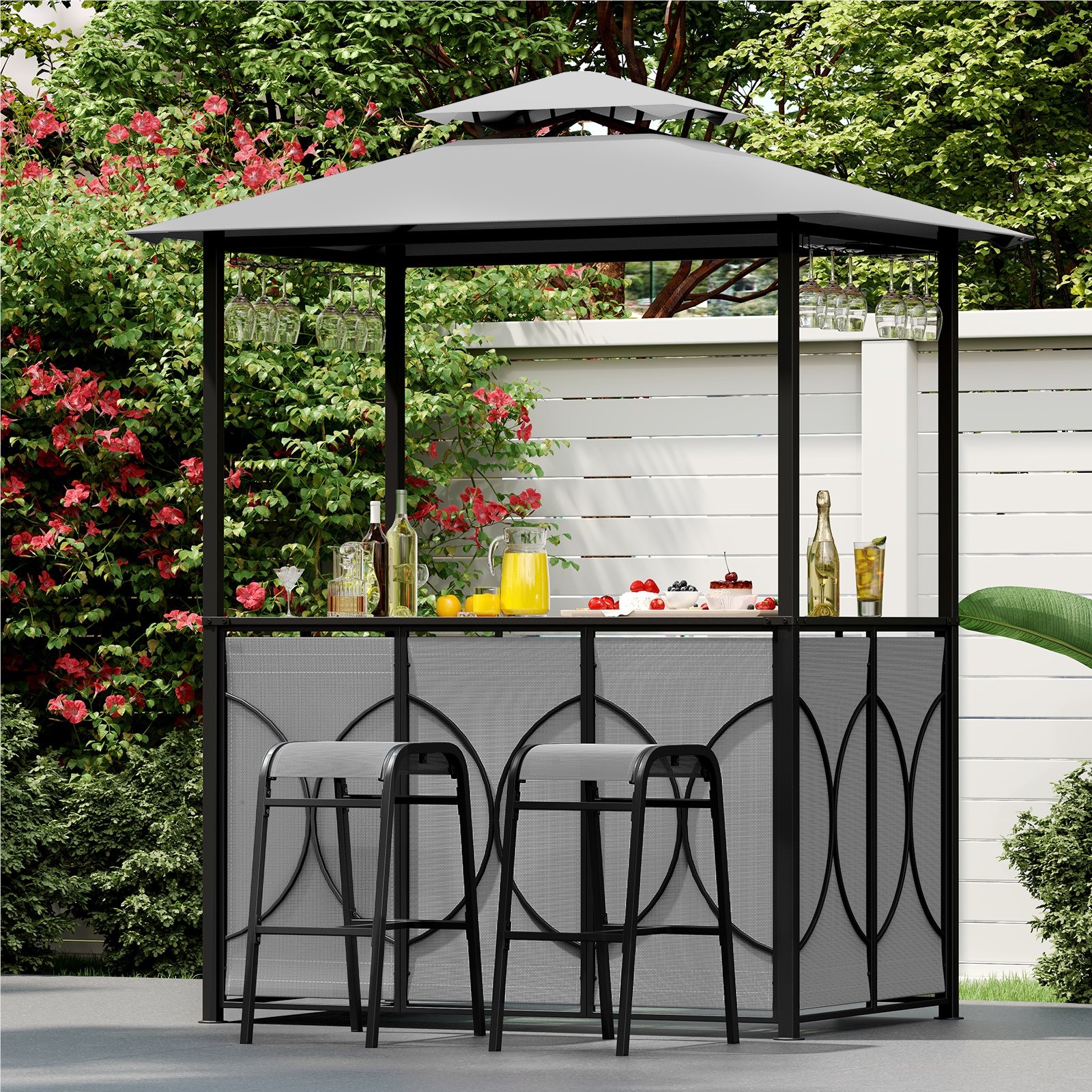 Image of Garden Bar Set, Bar Table With 2 Bar Stools, Metal Shelves & Glass Holder, Grill With Double Roof, Tempered Glass Standing Table, Garden Counter For Terrace & Garden, Brown