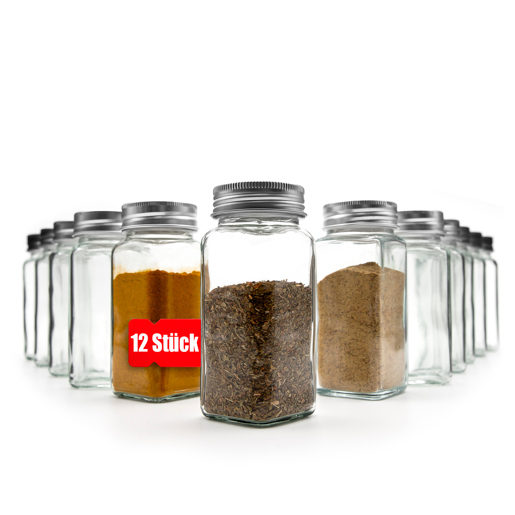 Image of 12-piece Set Of Square Spice Jars - Airtight Food- Containers With 2 Dispensers - Ideal For Spice Storage